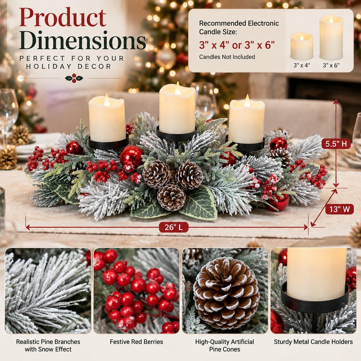 Christmas Candle Holder 3 Candle Holders Xmas Table Centerpiece with Snow Flocked, additional listing view 5