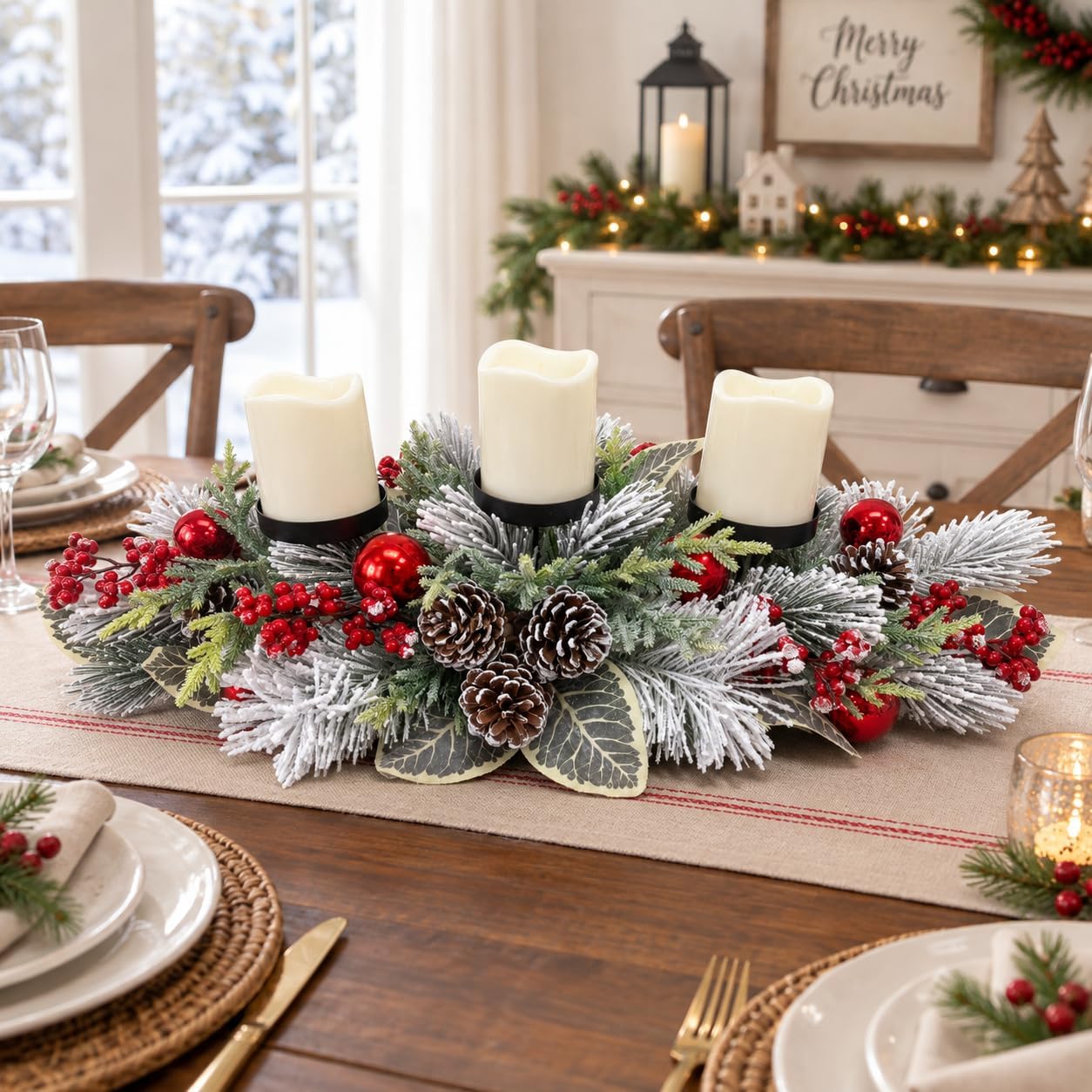 Christmas Candle Holder 3 Candle Holders Xmas Table Centerpiece with Snow Flocked, additional listing view 6