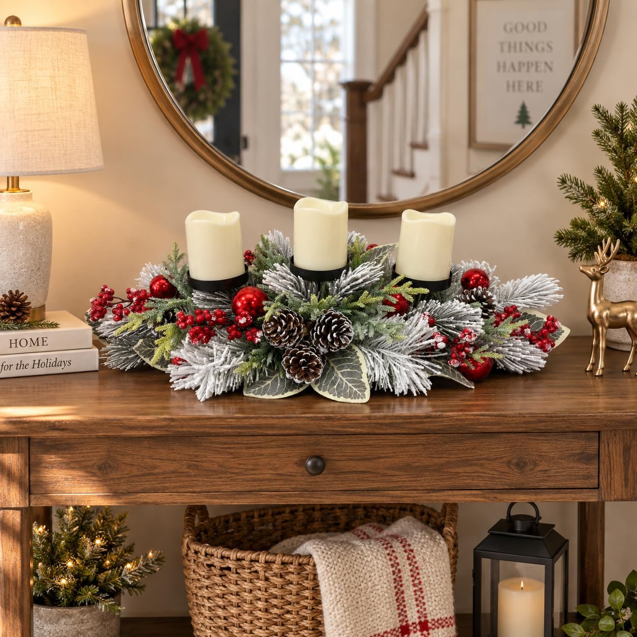 Christmas Candle Holder 3 Candle Holders Xmas Table Centerpiece with Snow Flocked, additional listing view 7
