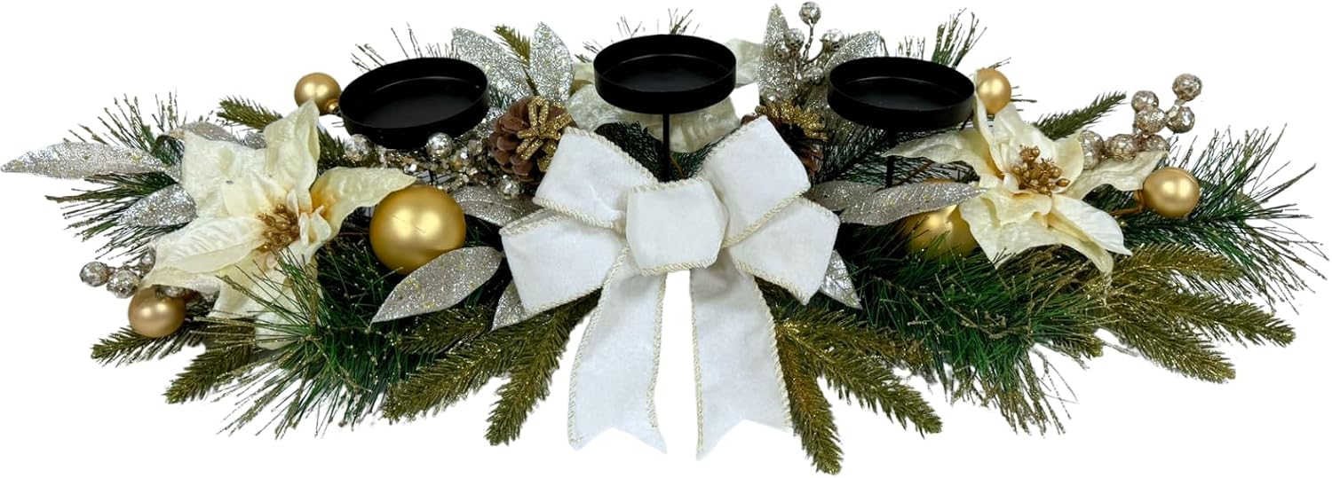 Christmas Candle Holder Centerpiece with 3 Holders and Poinsettia, main product view