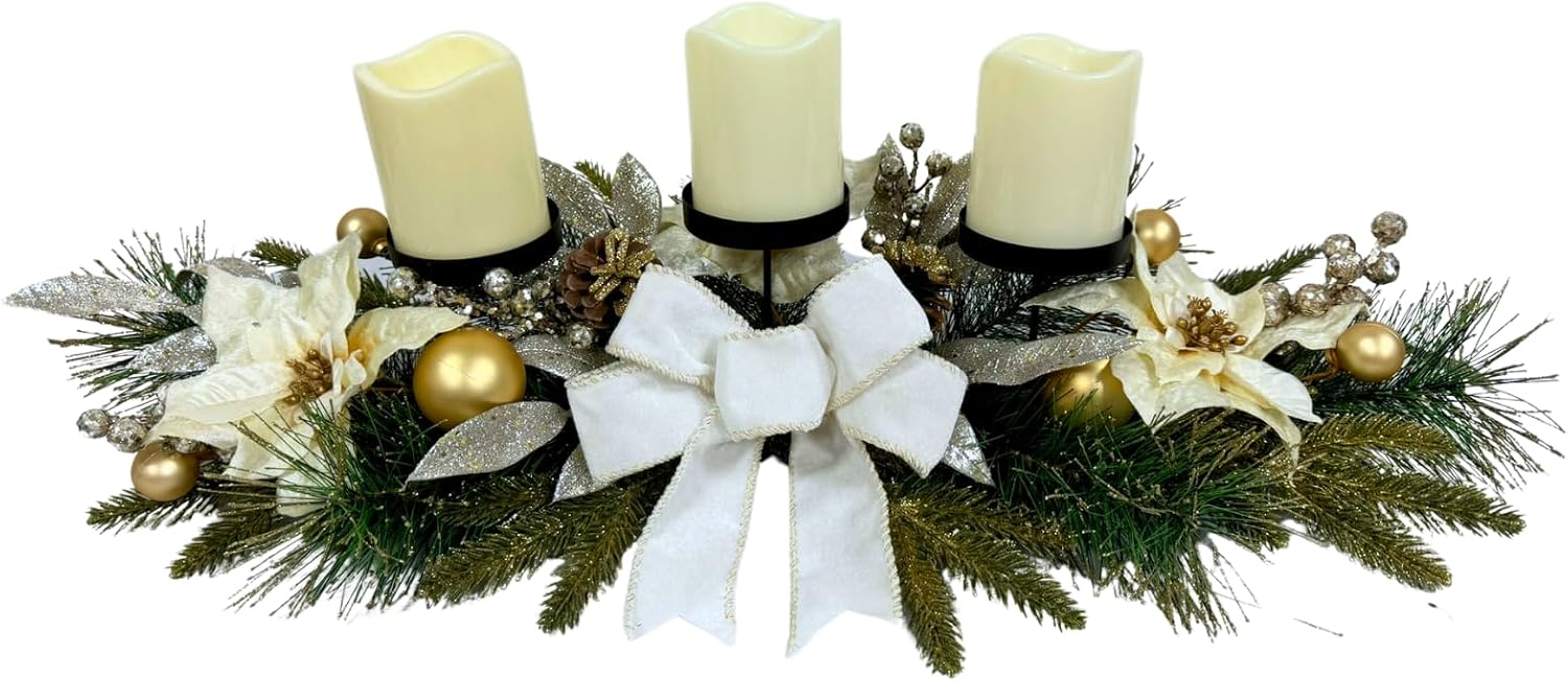 Christmas Candle Holder Centerpiece with 3 Holders and Poinsettia, additional listing view 2