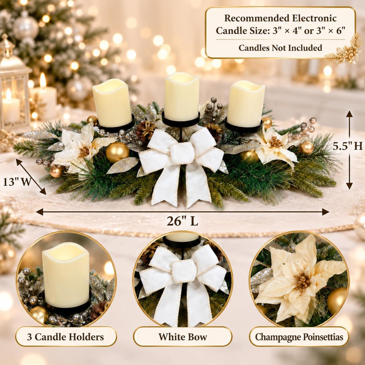 Christmas Candle Holder Centerpiece with 3 Holders and Poinsettia, additional listing view 3