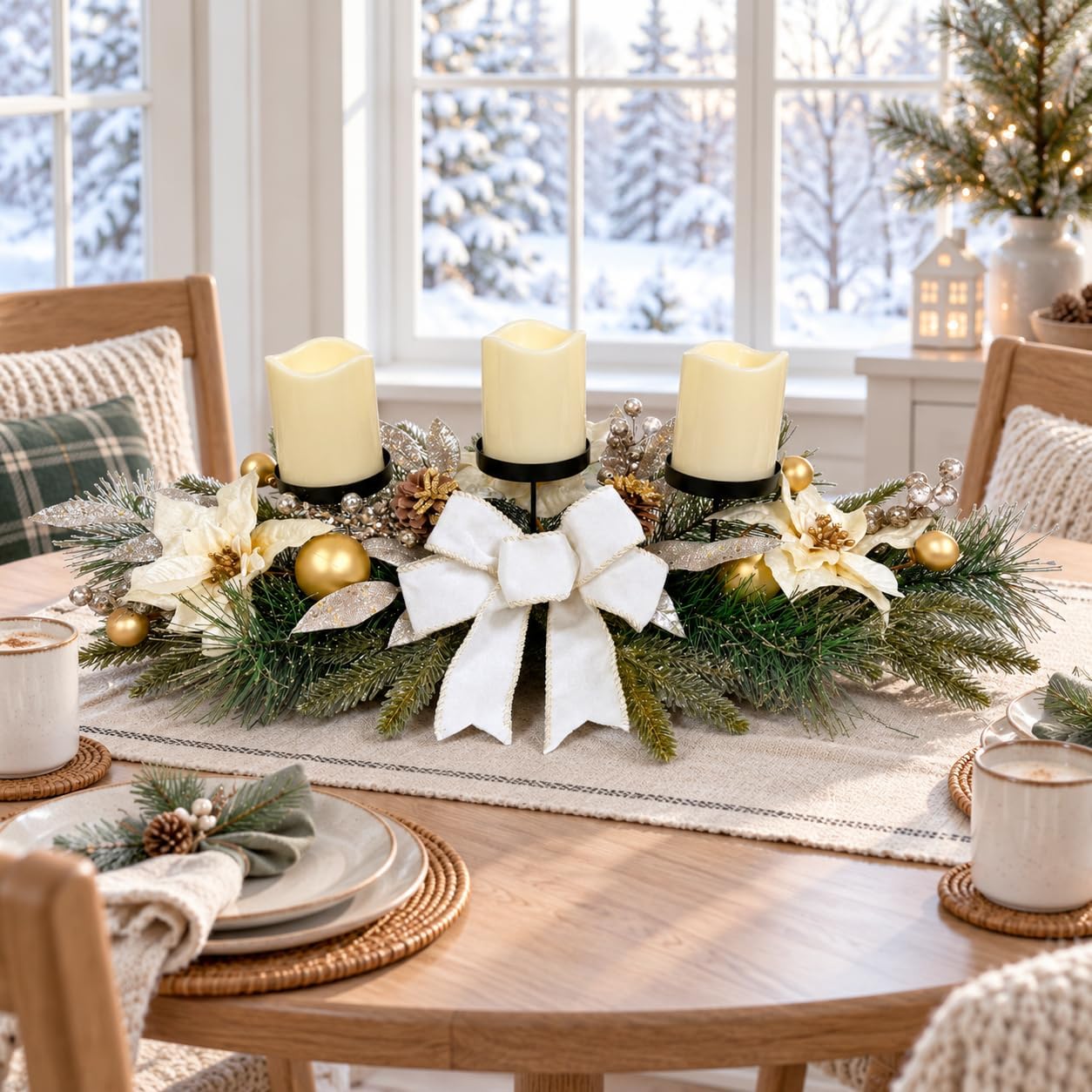Christmas Candle Holder Centerpiece with 3 Holders and Poinsettia, additional listing view 4