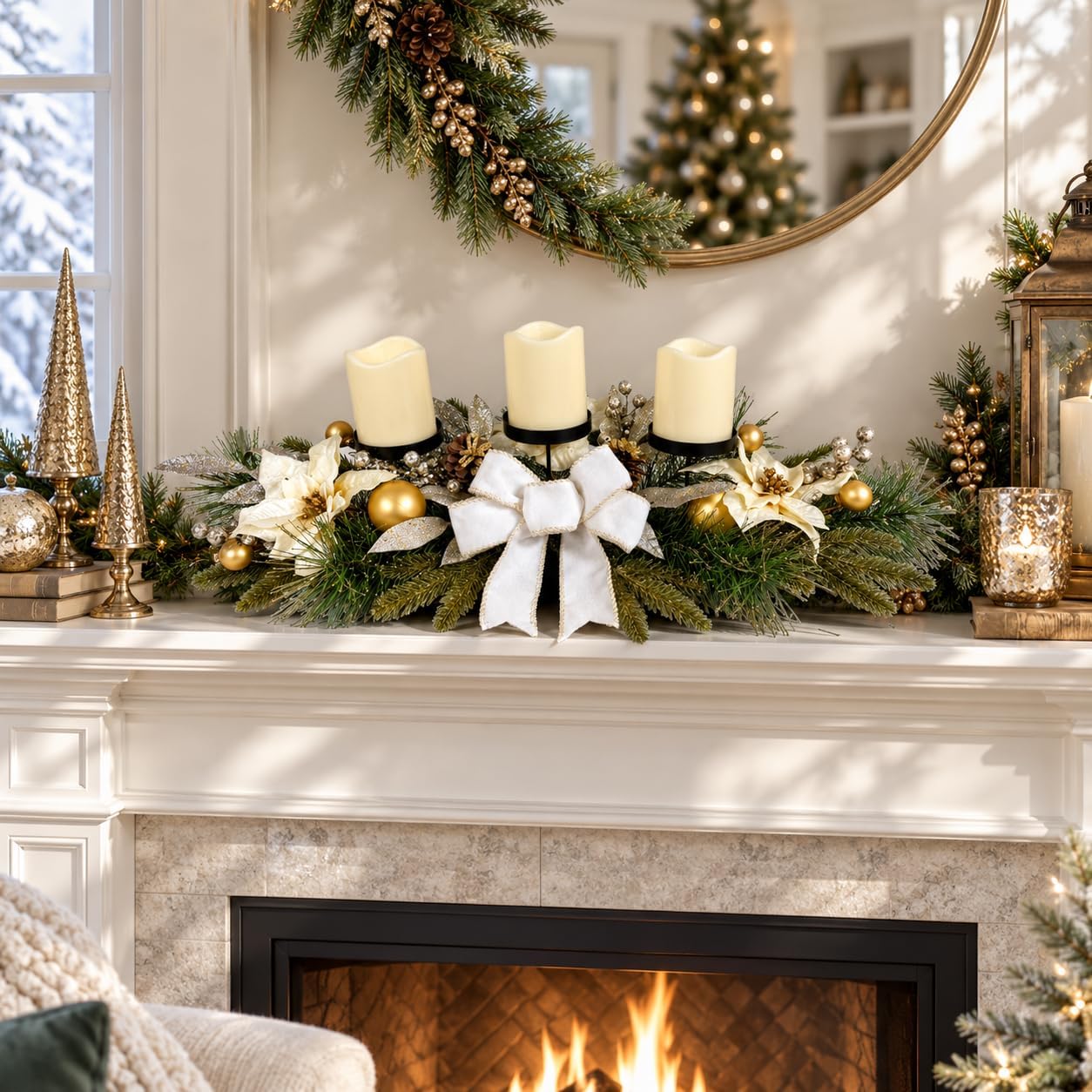Christmas Candle Holder Centerpiece with 3 Holders and Poinsettia, additional listing view 5