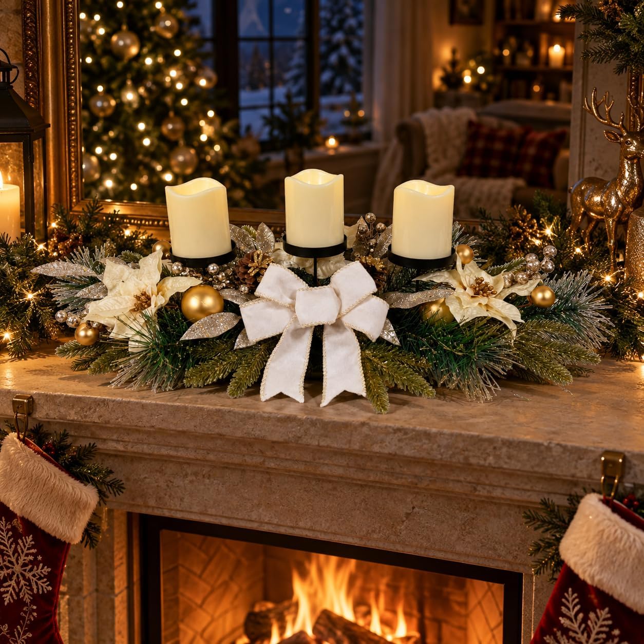 Christmas Candle Holder Centerpiece with 3 Holders and Poinsettia, additional listing view 6