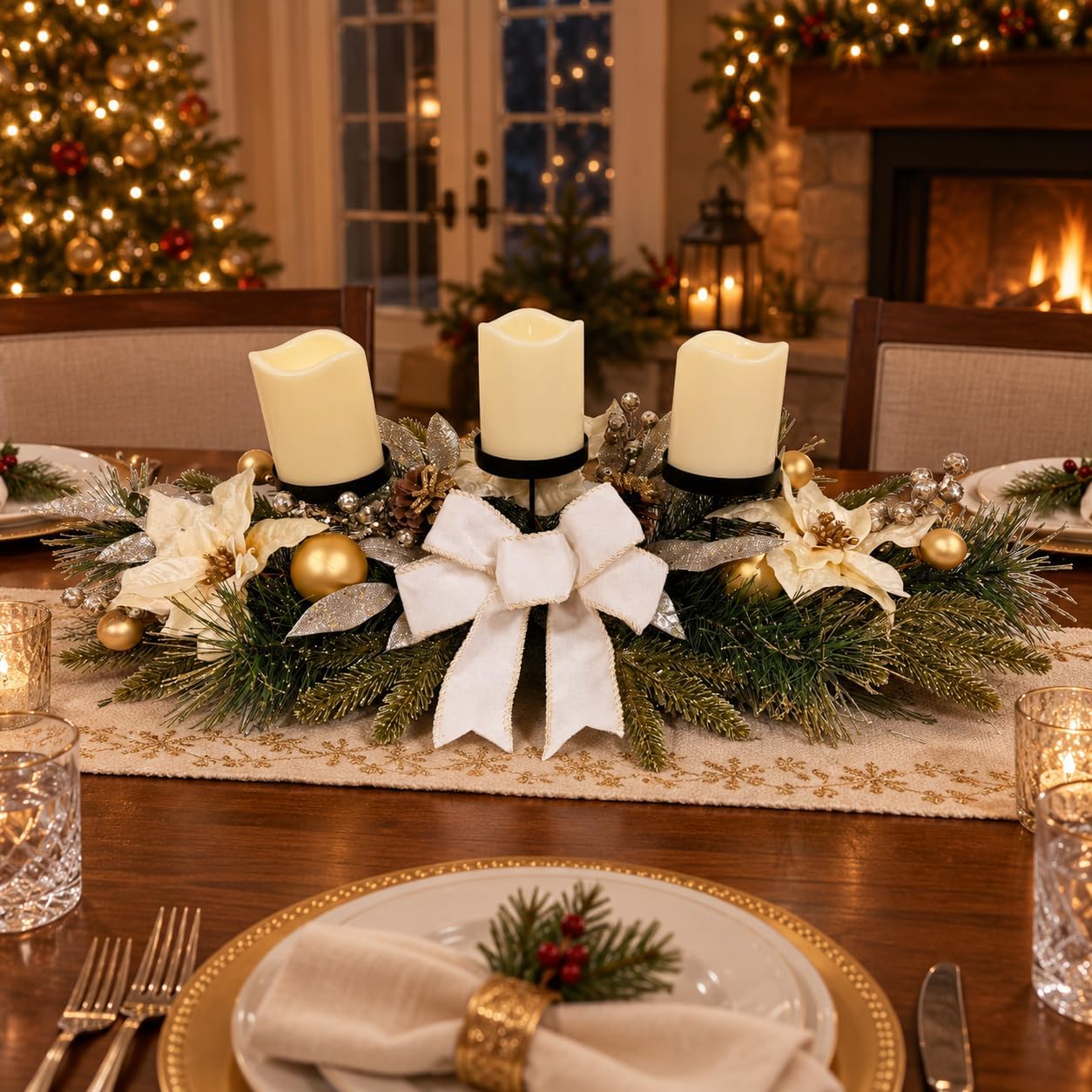 Christmas Candle Holder Centerpiece with 3 Holders and Poinsettia, additional listing view 7