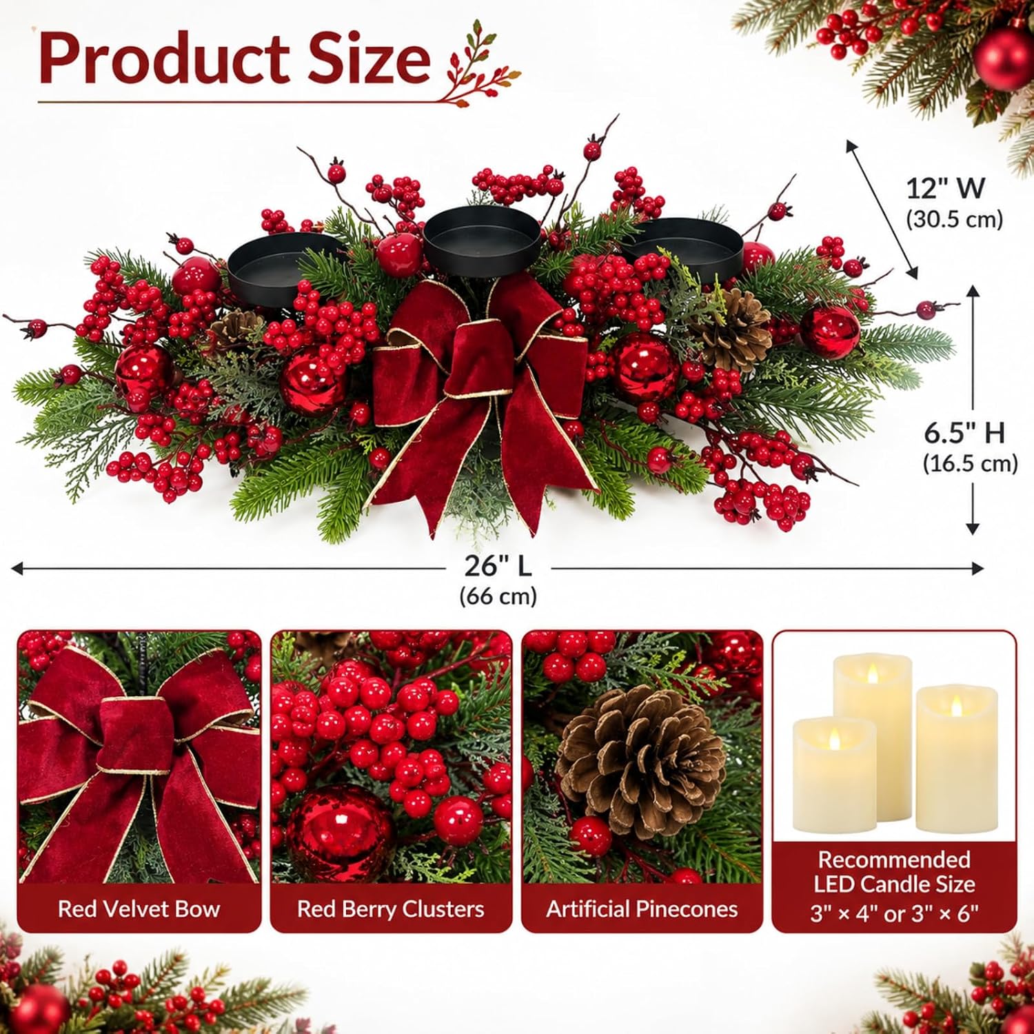 Christmas Candle Holder Centerpiece with 3 Pillar Candle Platforms, additional listing view 3
