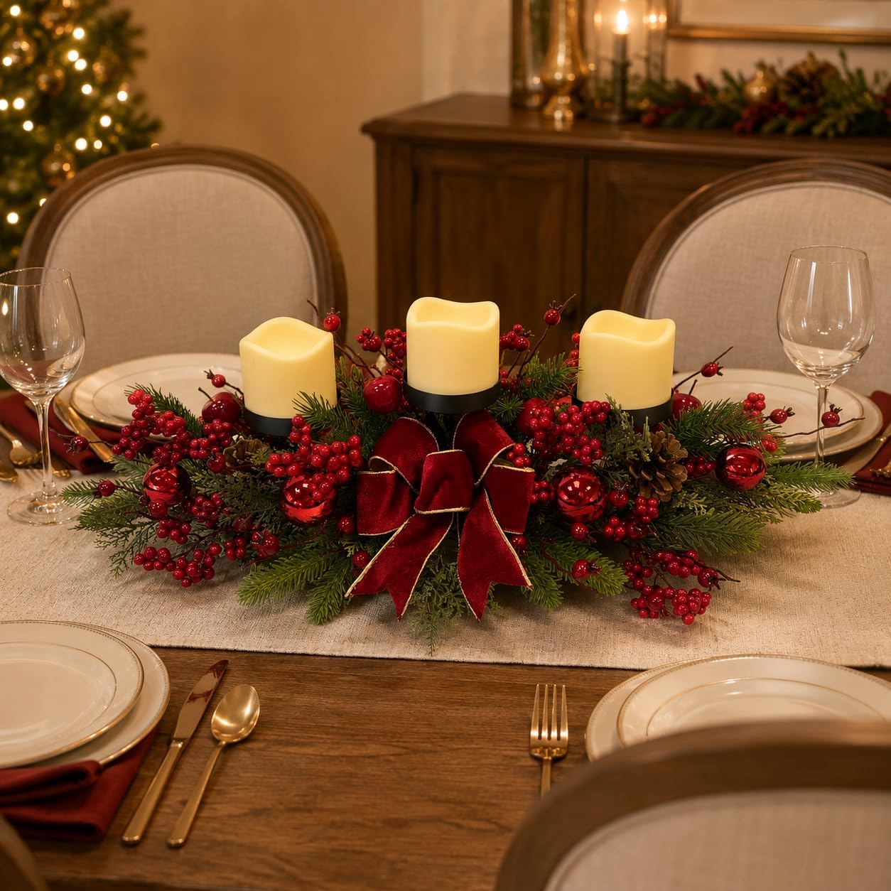 Christmas Candle Holder Centerpiece with 3 Pillar Candle Platforms, additional listing view 4