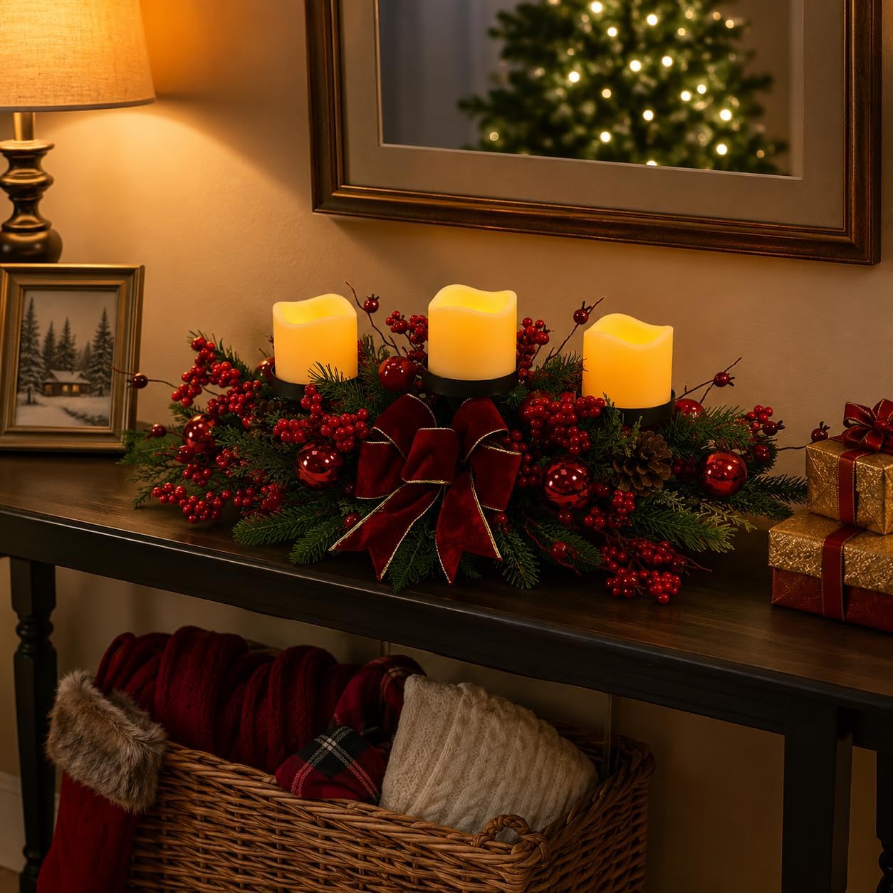 Christmas Candle Holder Centerpiece with 3 Pillar Candle Platforms, additional listing view 7