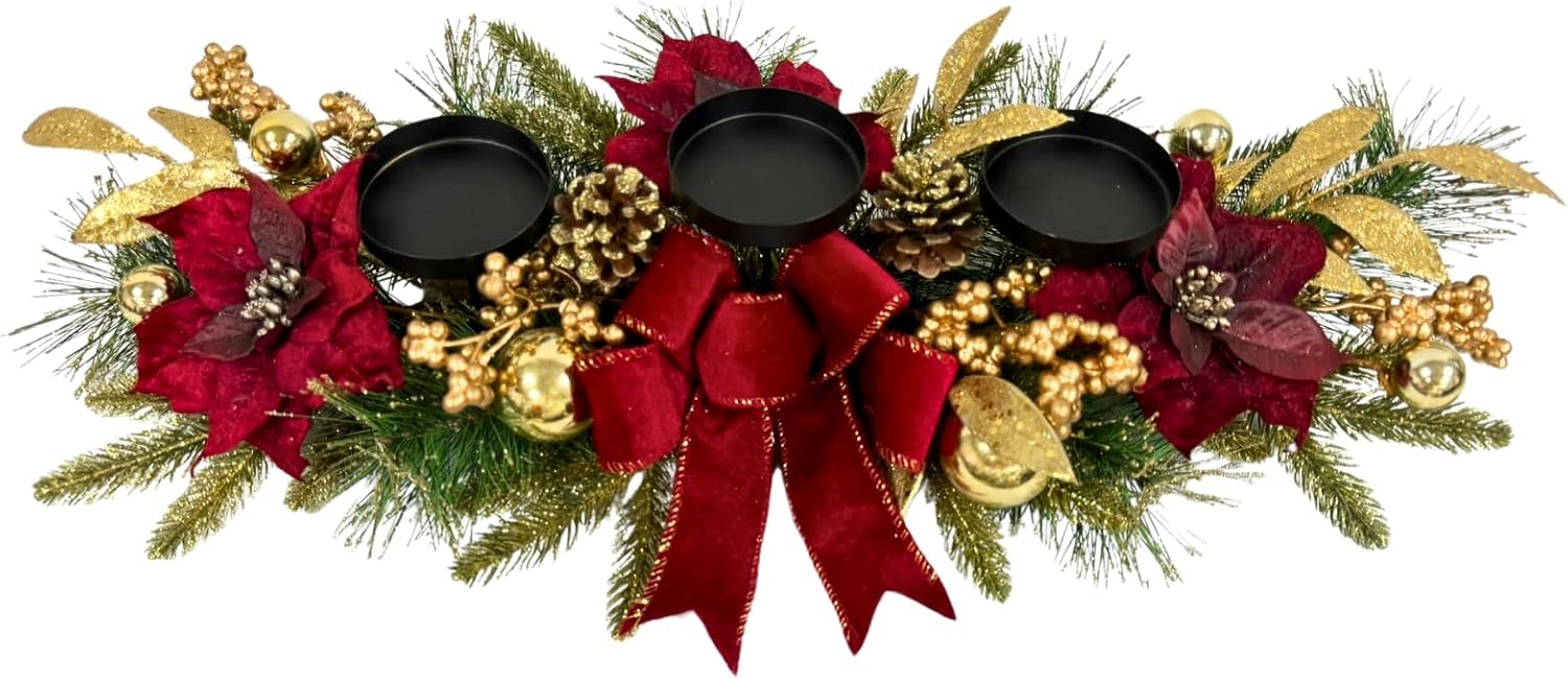 Christmas Candle Holder Centerpiece with Poinsettias and Berries, main product view