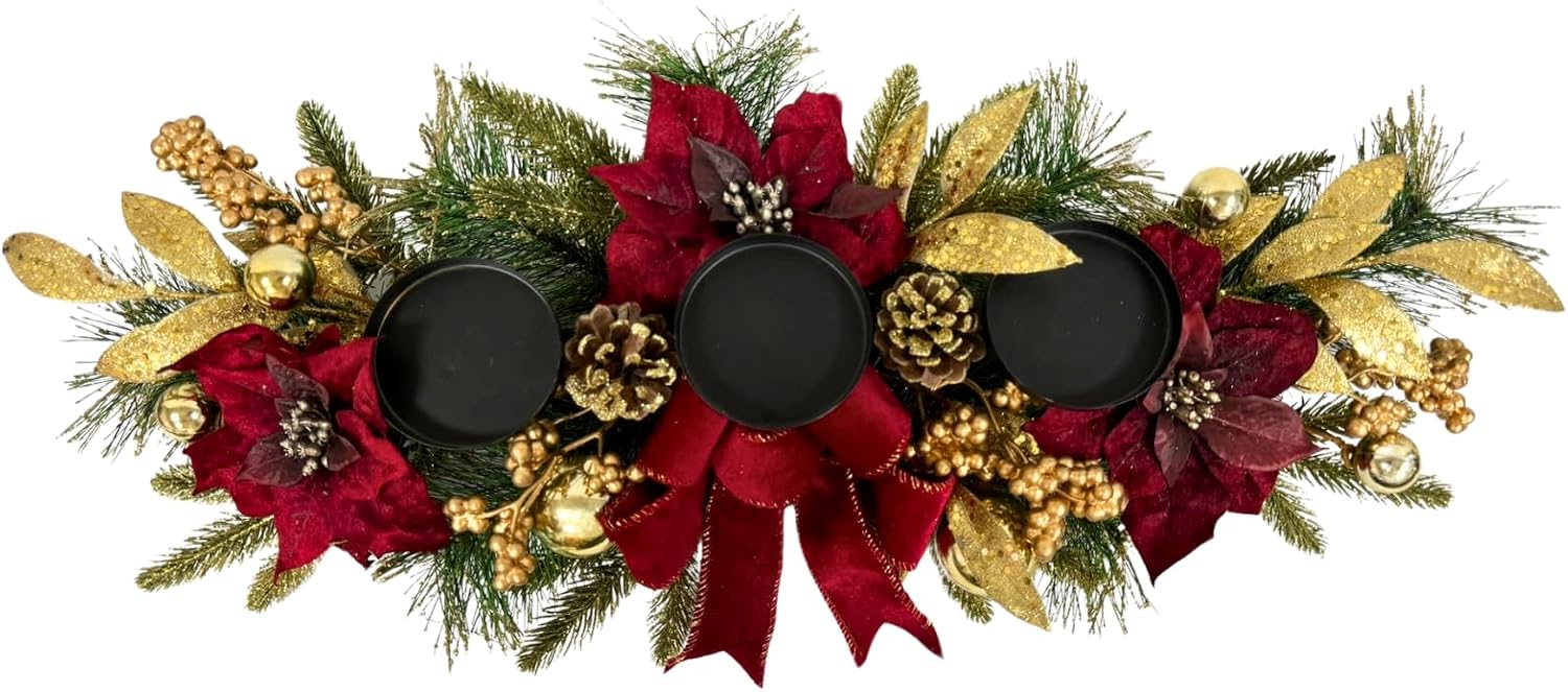 Christmas Candle Holder Centerpiece with Poinsettias and Berries, additional listing view 2