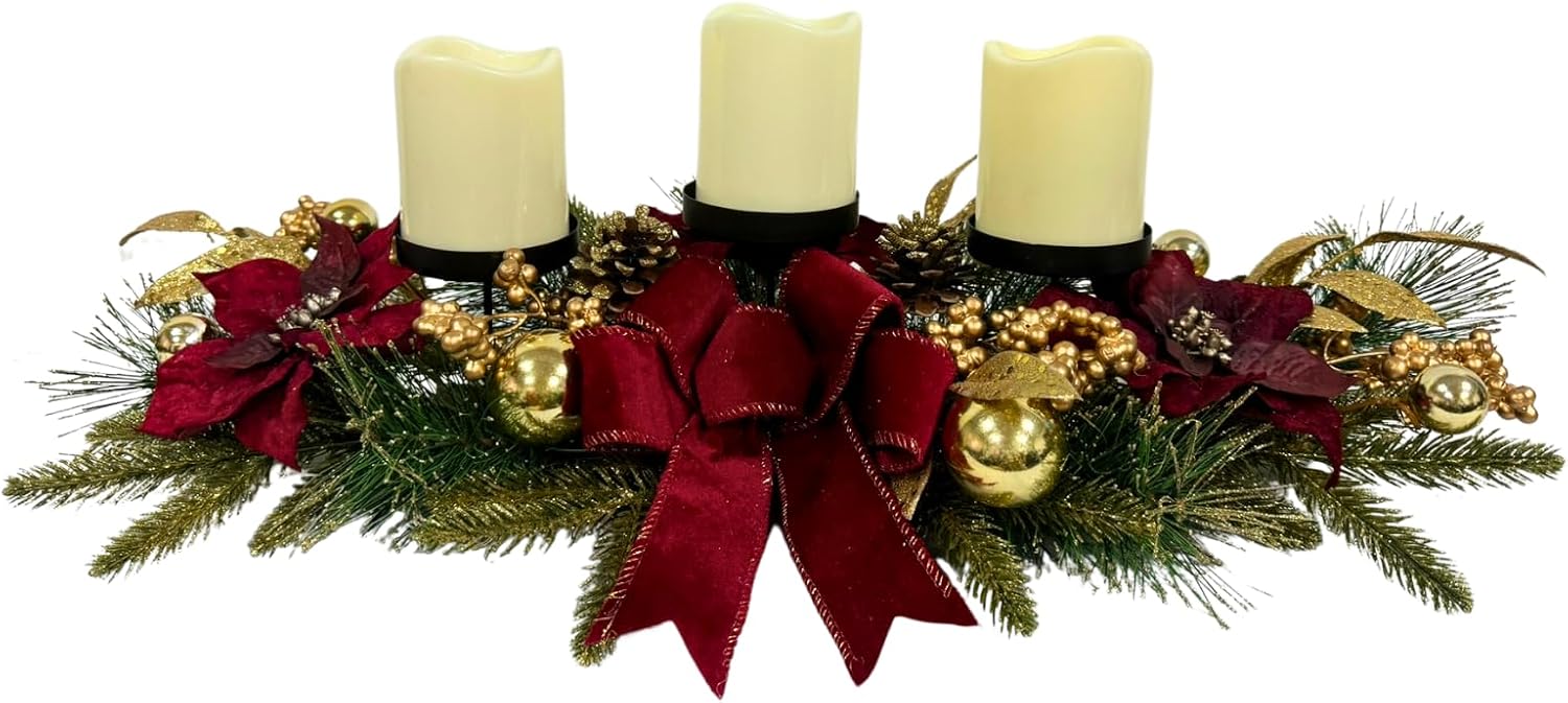 Christmas Candle Holder Centerpiece with Poinsettias and Berries, additional listing view 3