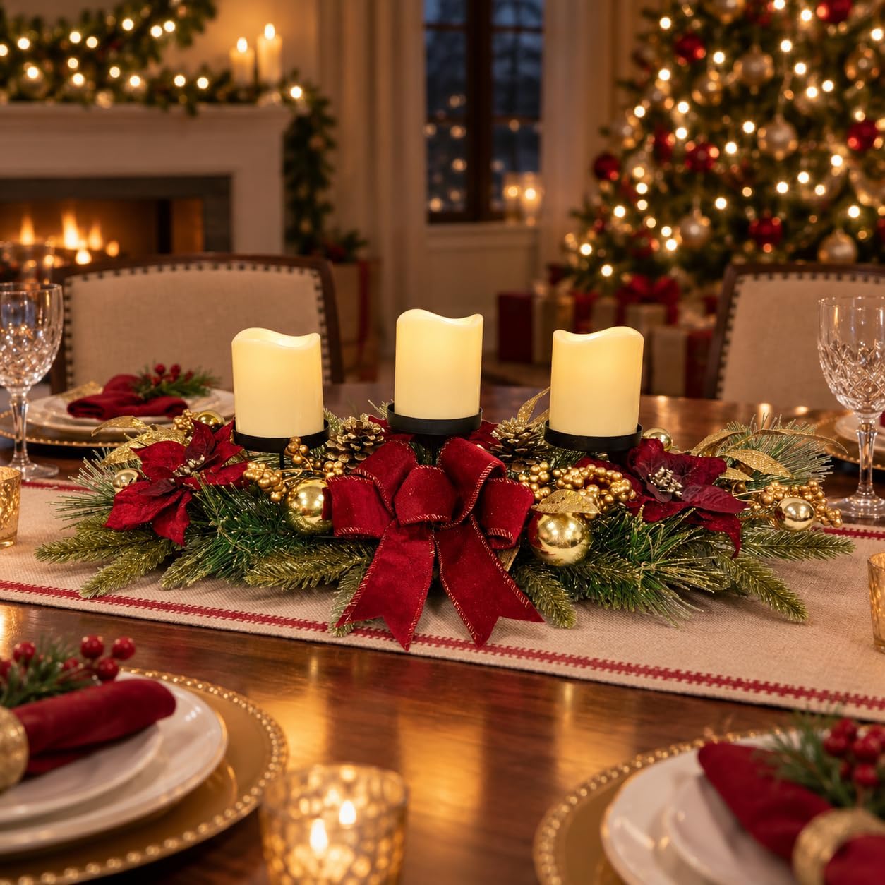 Christmas Candle Holder Centerpiece with Poinsettias and Berries, additional listing view 4