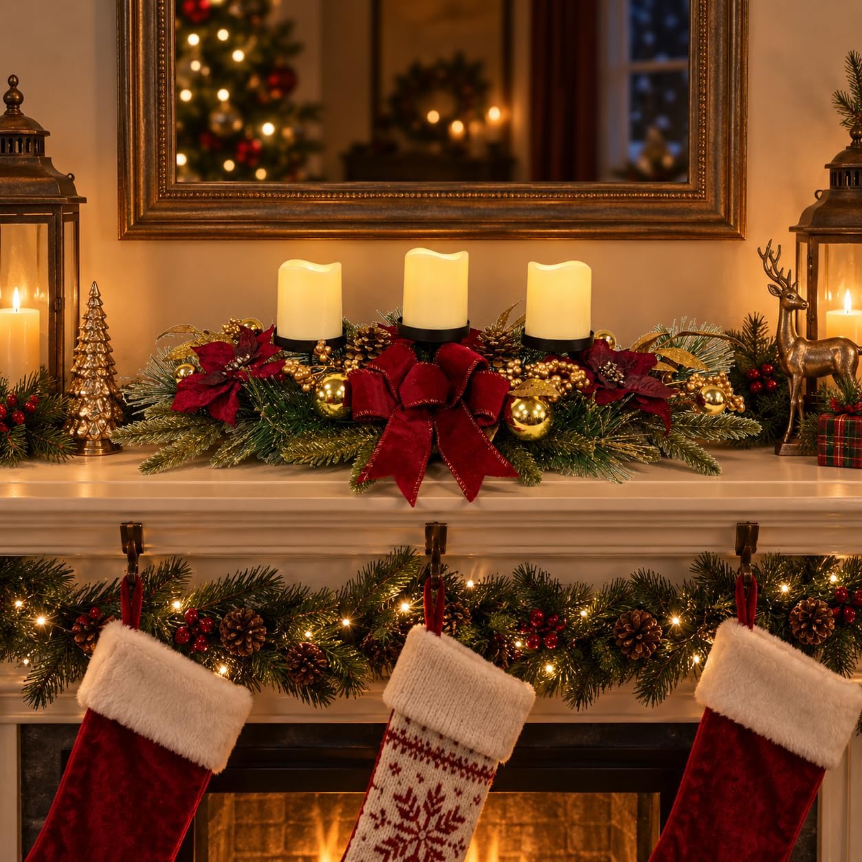 Christmas Candle Holder Centerpiece with Poinsettias and Berries, additional listing view 5