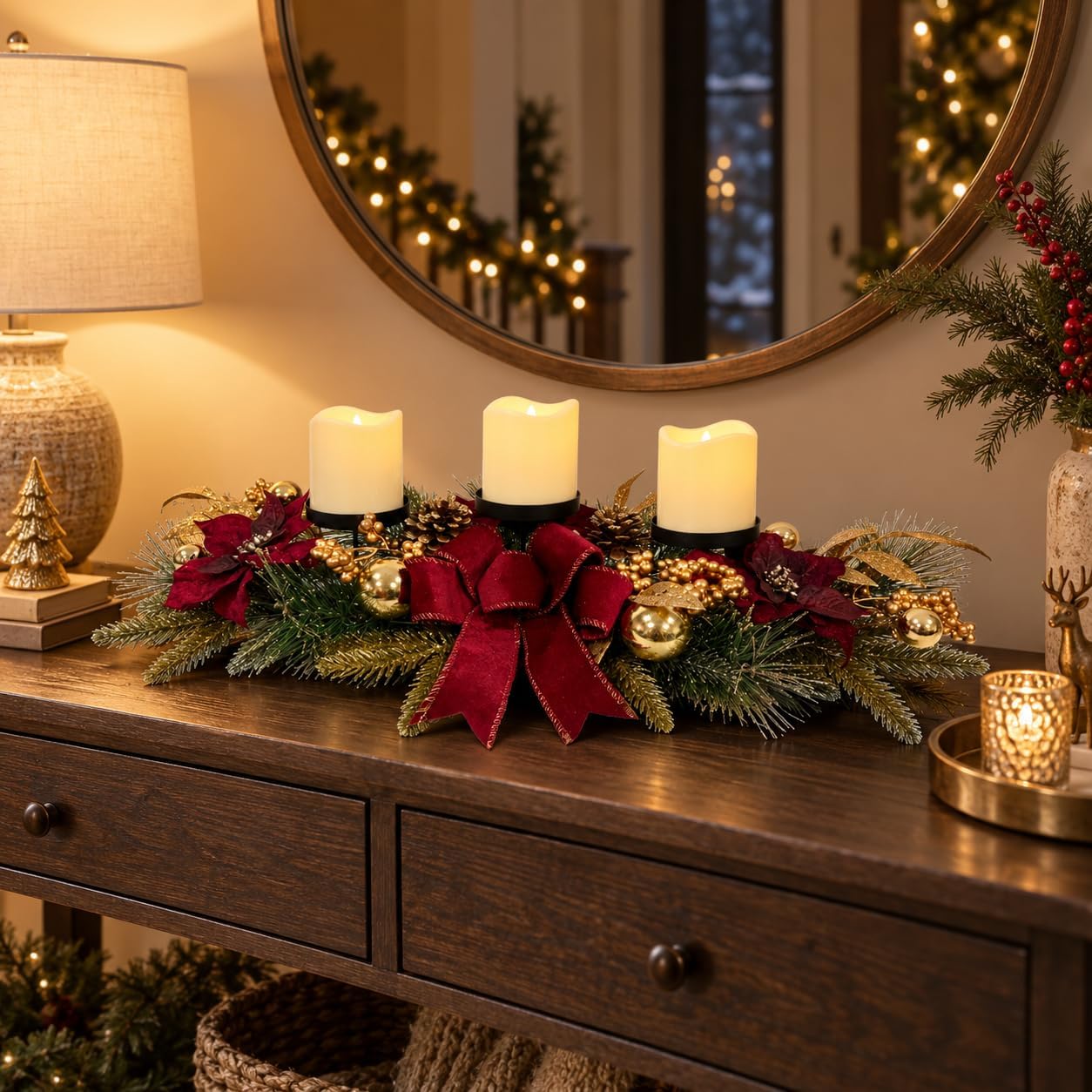 Christmas Candle Holder Centerpiece with Poinsettias and Berries, additional listing view 6