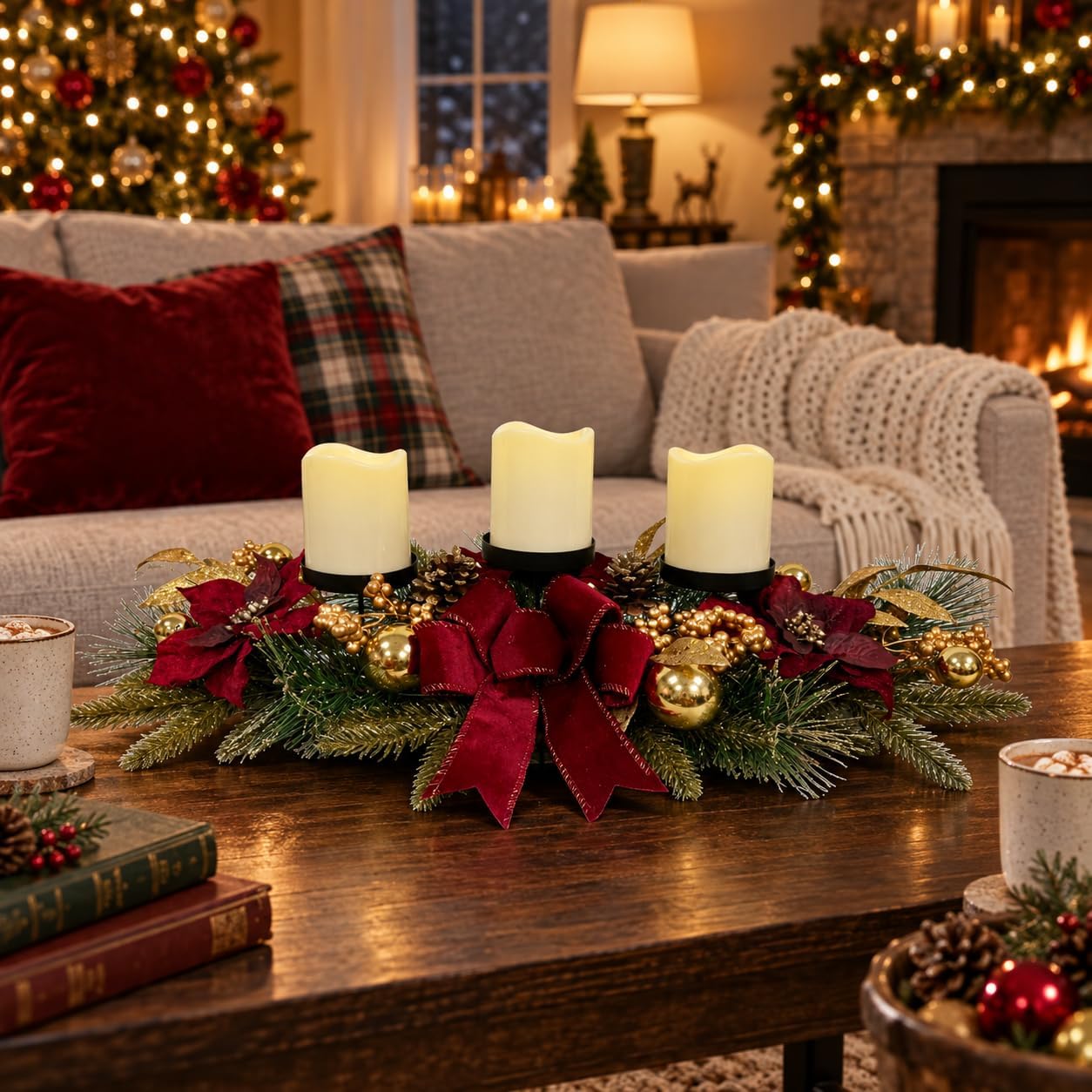 Christmas Candle Holder Centerpiece with Poinsettias and Berries, additional listing view 7