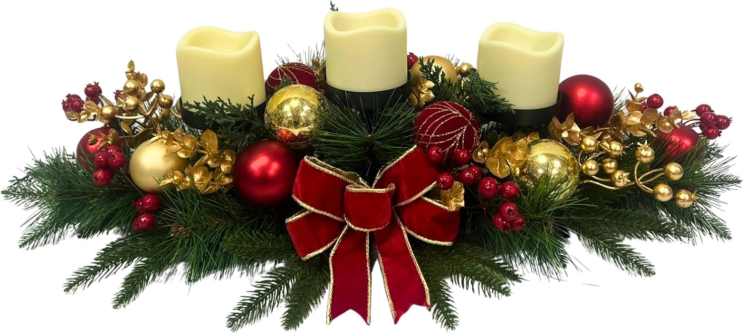 Christmas Candle Holder Centerpiece with Red Gold Ornaments and Bow, main product view