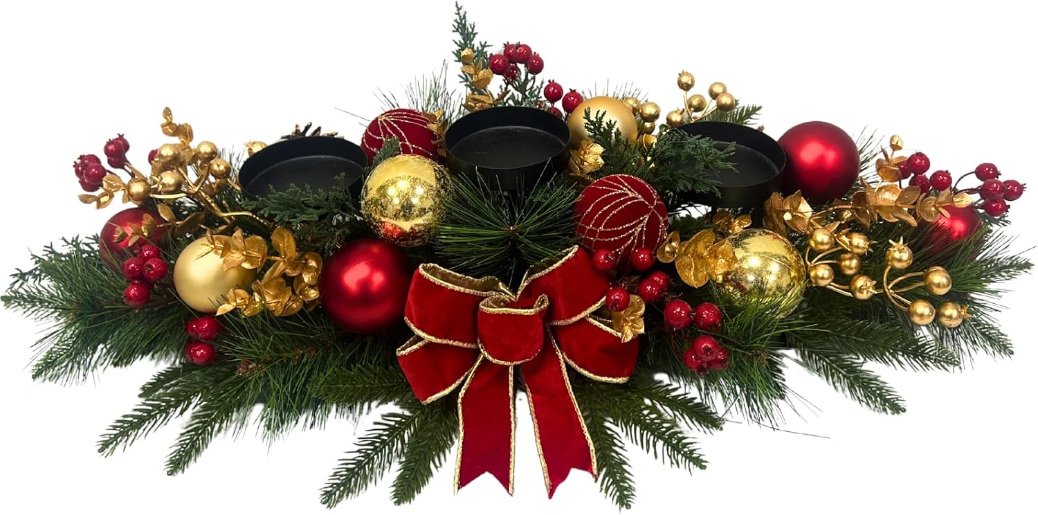 Christmas Candle Holder Centerpiece with Red Gold Ornaments and Bow, additional listing view 2