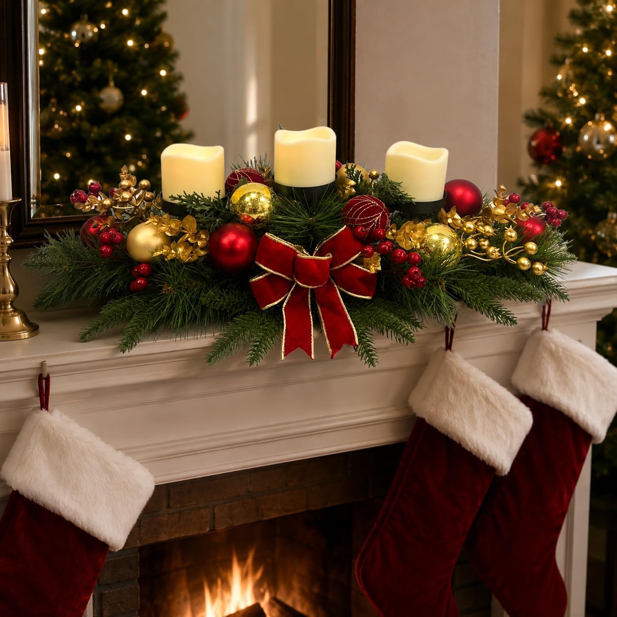 Christmas Candle Holder Centerpiece with Red Gold Ornaments and Bow, additional listing view 3
