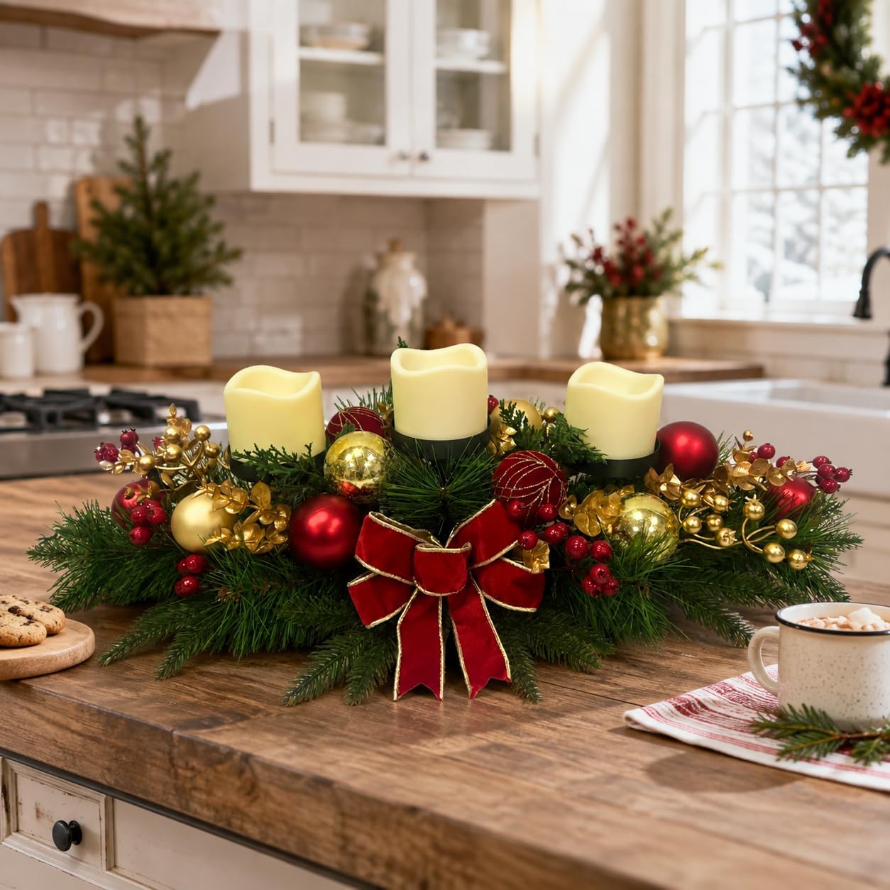 Christmas Candle Holder Centerpiece with Red Gold Ornaments and Bow, additional listing view 4
