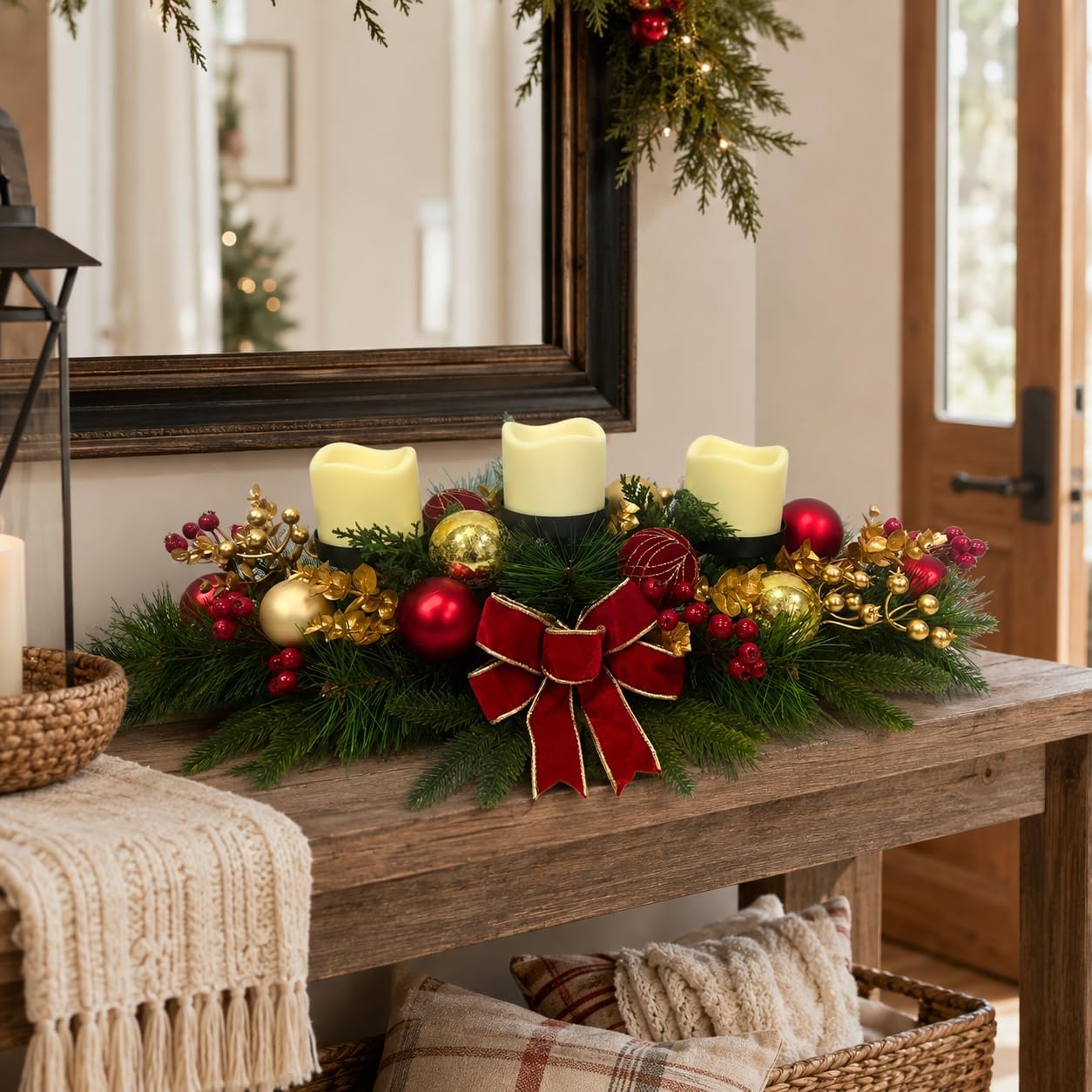Christmas Candle Holder Centerpiece with Red Gold Ornaments and Bow, additional listing view 5