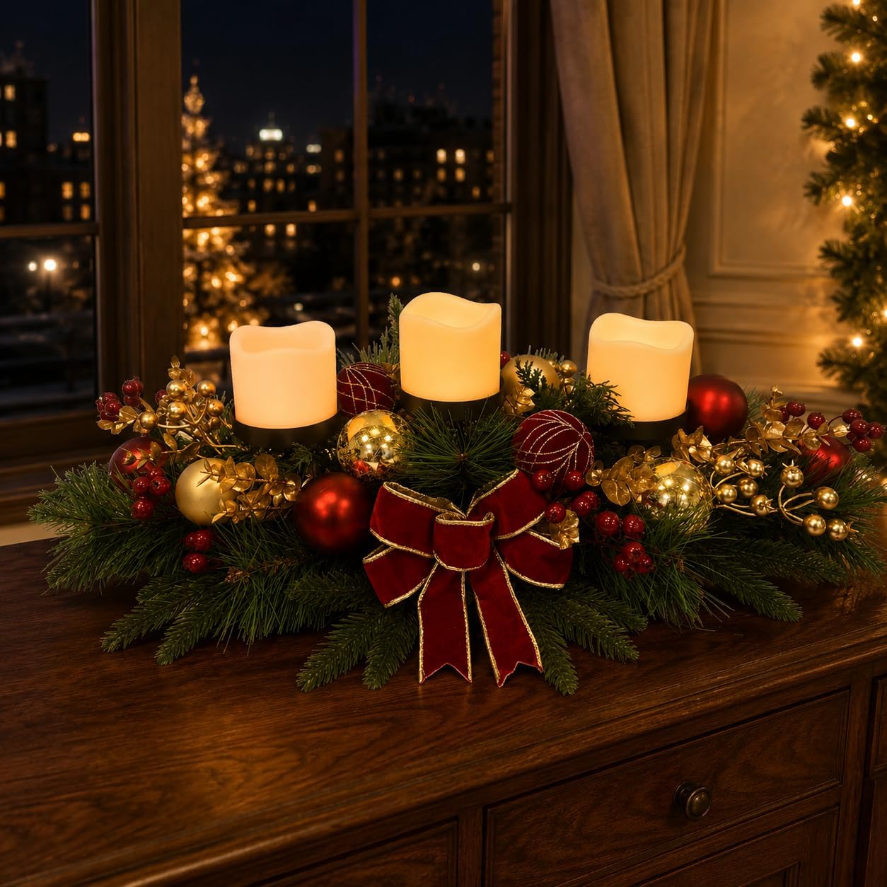 Christmas Candle Holder Centerpiece with Red Gold Ornaments and Bow, additional listing view 6