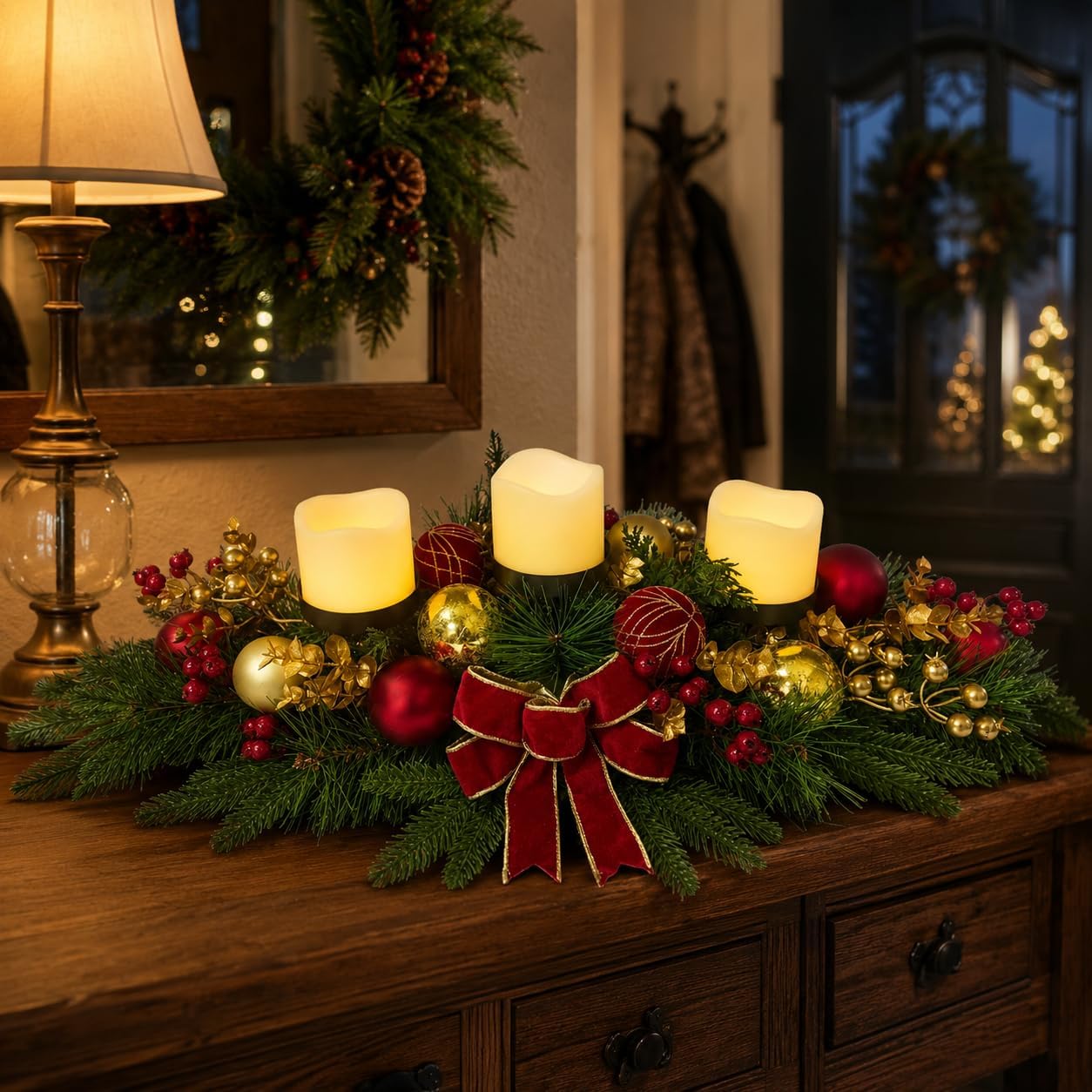 Christmas Candle Holder Centerpiece with Red Gold Ornaments and Bow, additional listing view 7