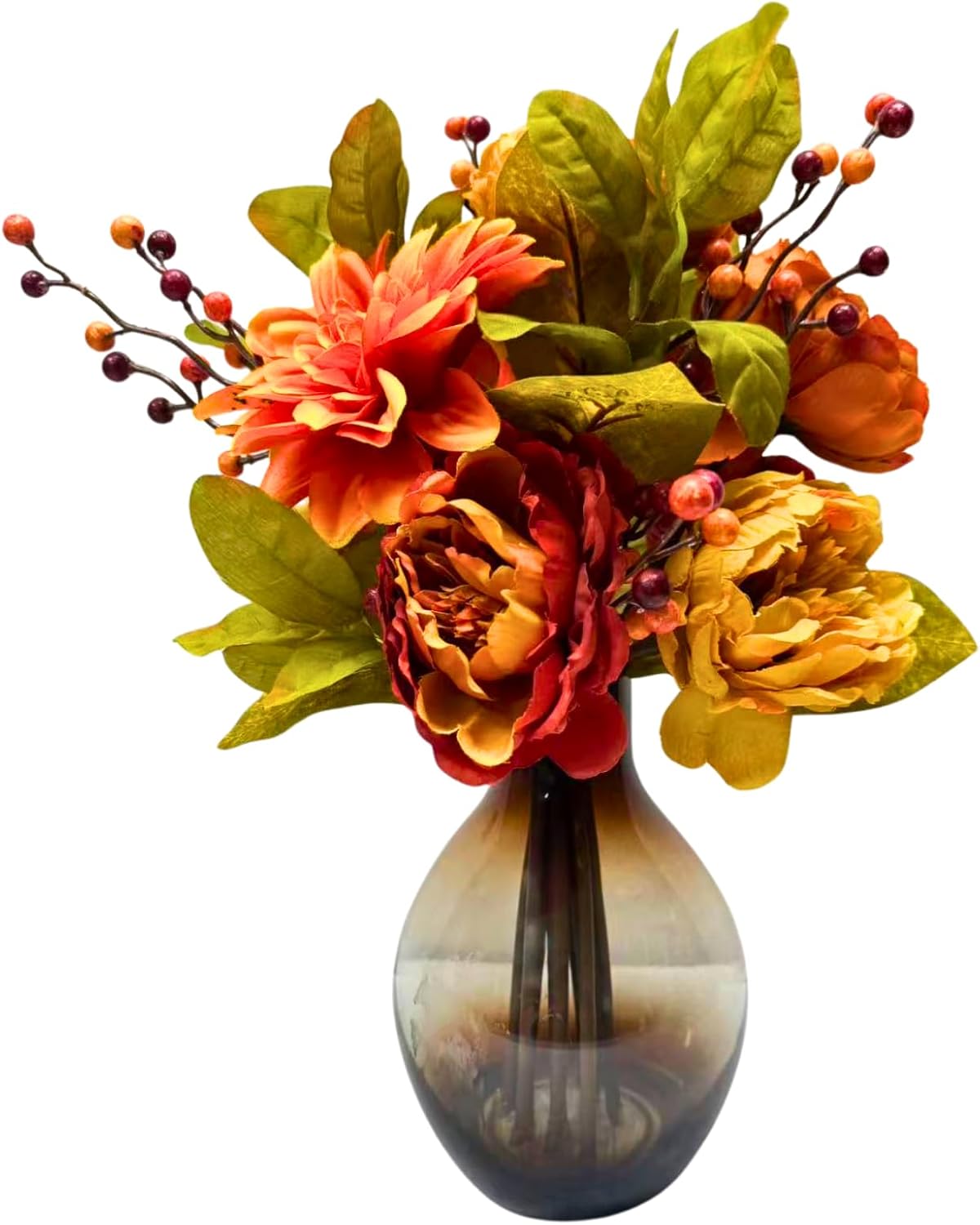 Fall Floral Arrangement with Faux Peonies, Dahlias and Glass Vase, main product view