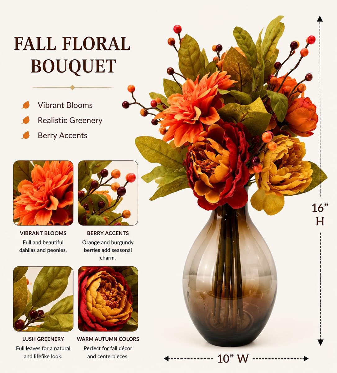 Fall Floral Arrangement with Faux Peonies, Dahlias and Glass Vase, additional listing view 2
