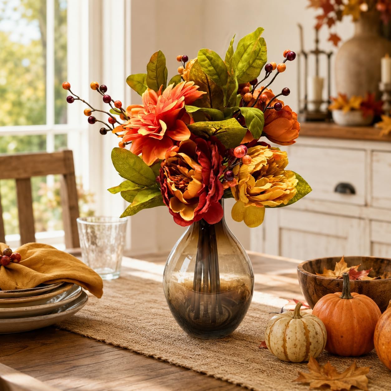 Fall Floral Arrangement with Faux Peonies, Dahlias and Glass Vase, additional listing view 3