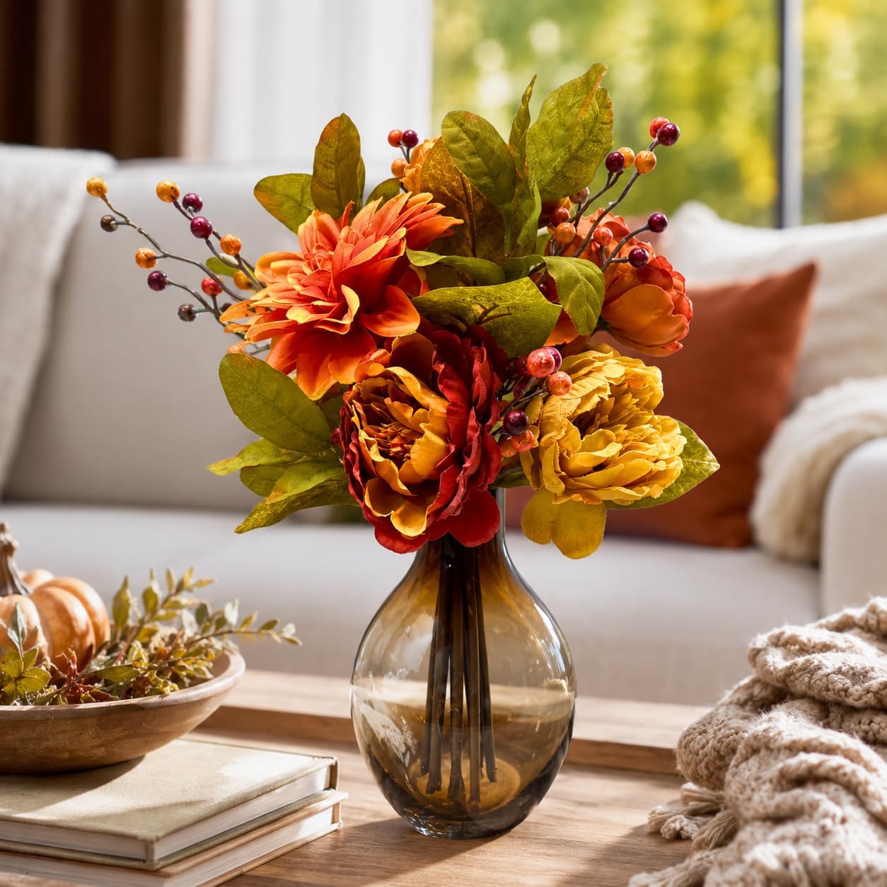 Fall Floral Arrangement with Faux Peonies, Dahlias and Glass Vase, additional listing view 4