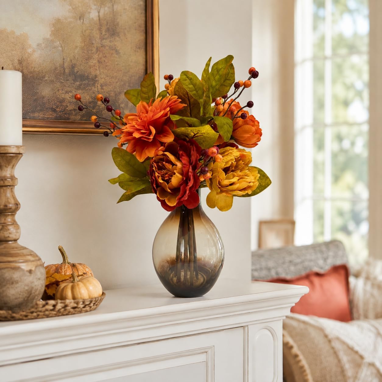 Fall Floral Arrangement with Faux Peonies, Dahlias and Glass Vase, additional listing view 5