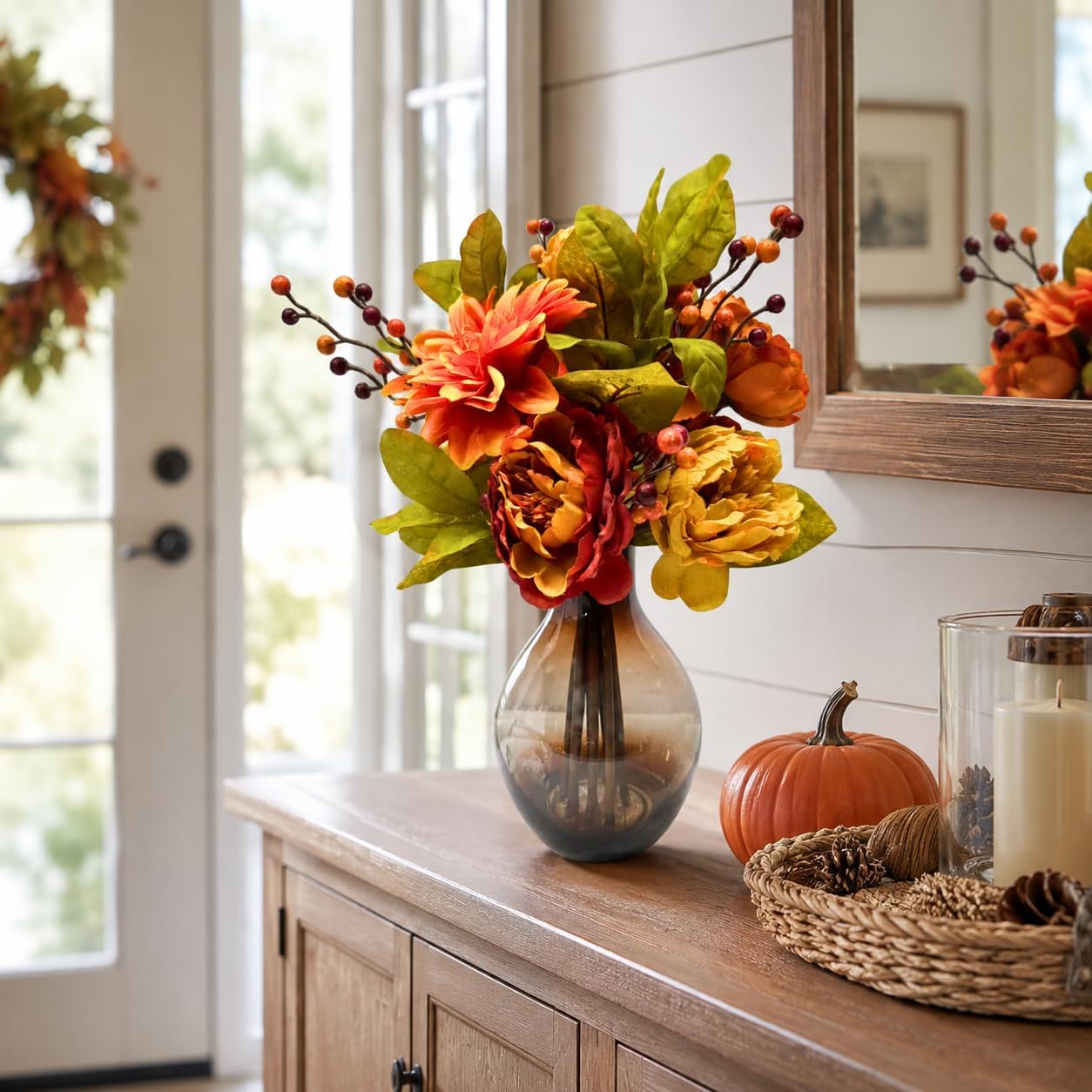 Fall Floral Arrangement with Faux Peonies, Dahlias and Glass Vase, additional listing view 6