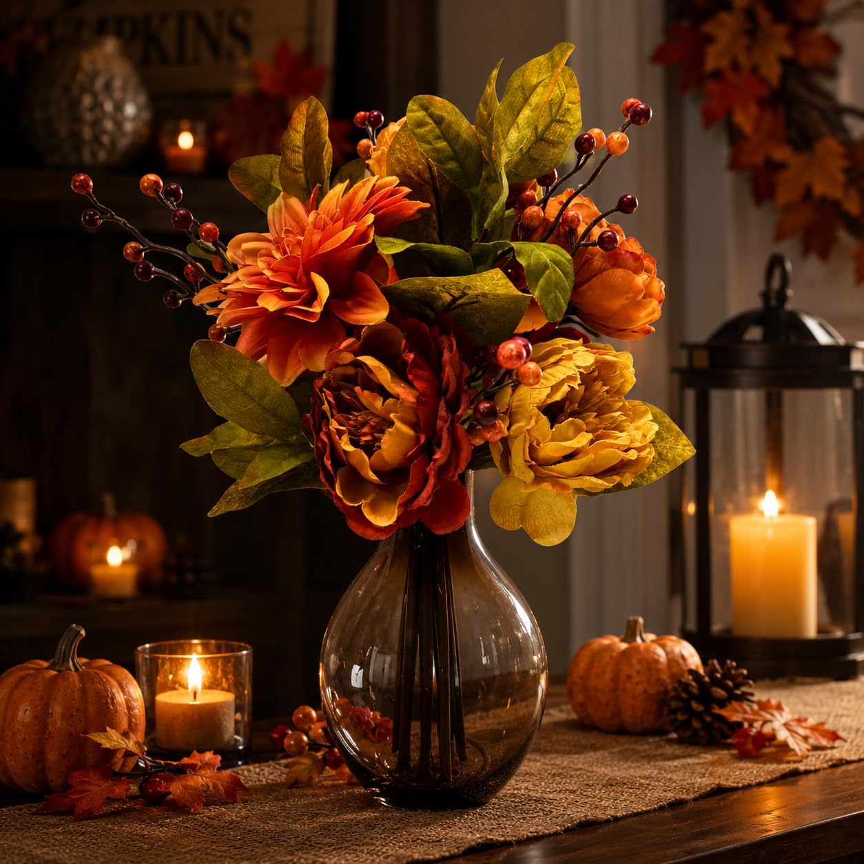 Fall Floral Arrangement with Faux Peonies, Dahlias and Glass Vase, additional listing view 7