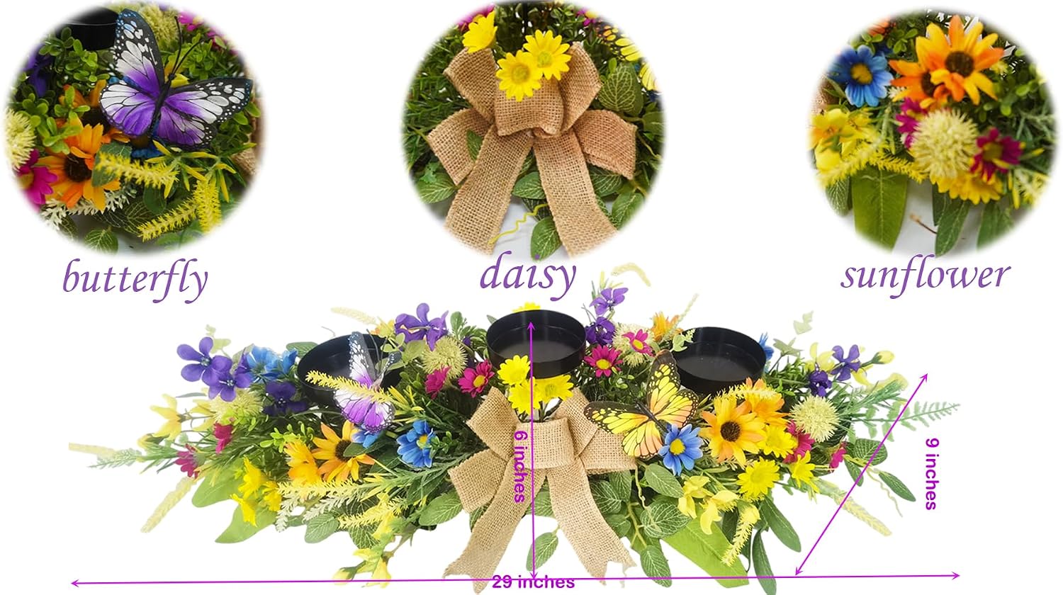 Floral Candle Holder Centerpiece with Butterflies and Wildflowers, additional listing view 2