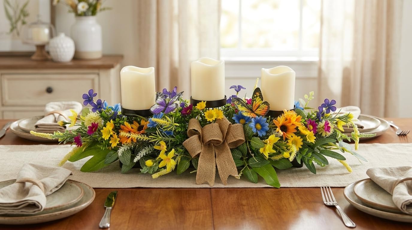 Floral Candle Holder Centerpiece with Butterflies and Wildflowers, additional listing view 4