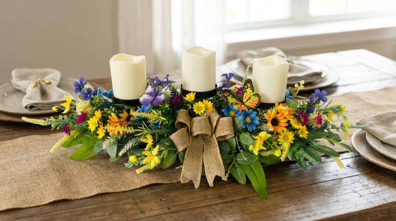 Floral Candle Holder Centerpiece with Butterflies and Wildflowers, additional listing view 6