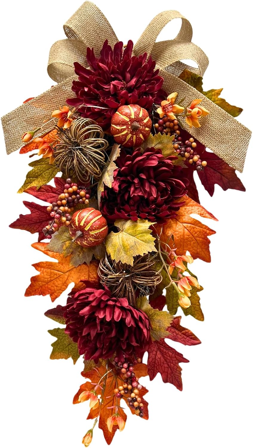 Burgundy fall teardrop door swag with pumpkins, mums, berries, leaves, and burlap bow