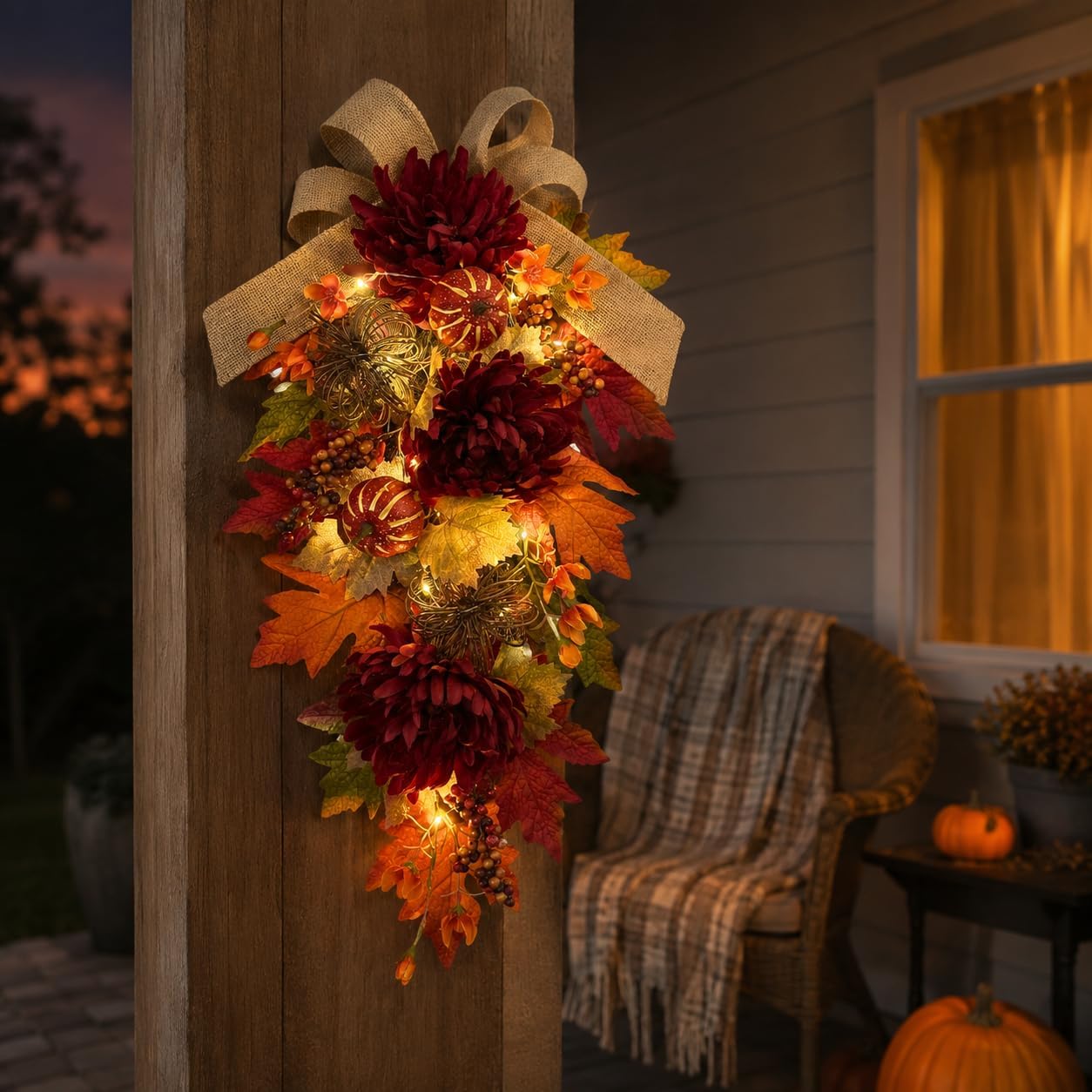 Lighted Burgundy Fall Door Swag feature and construction detail from the Amazon listing