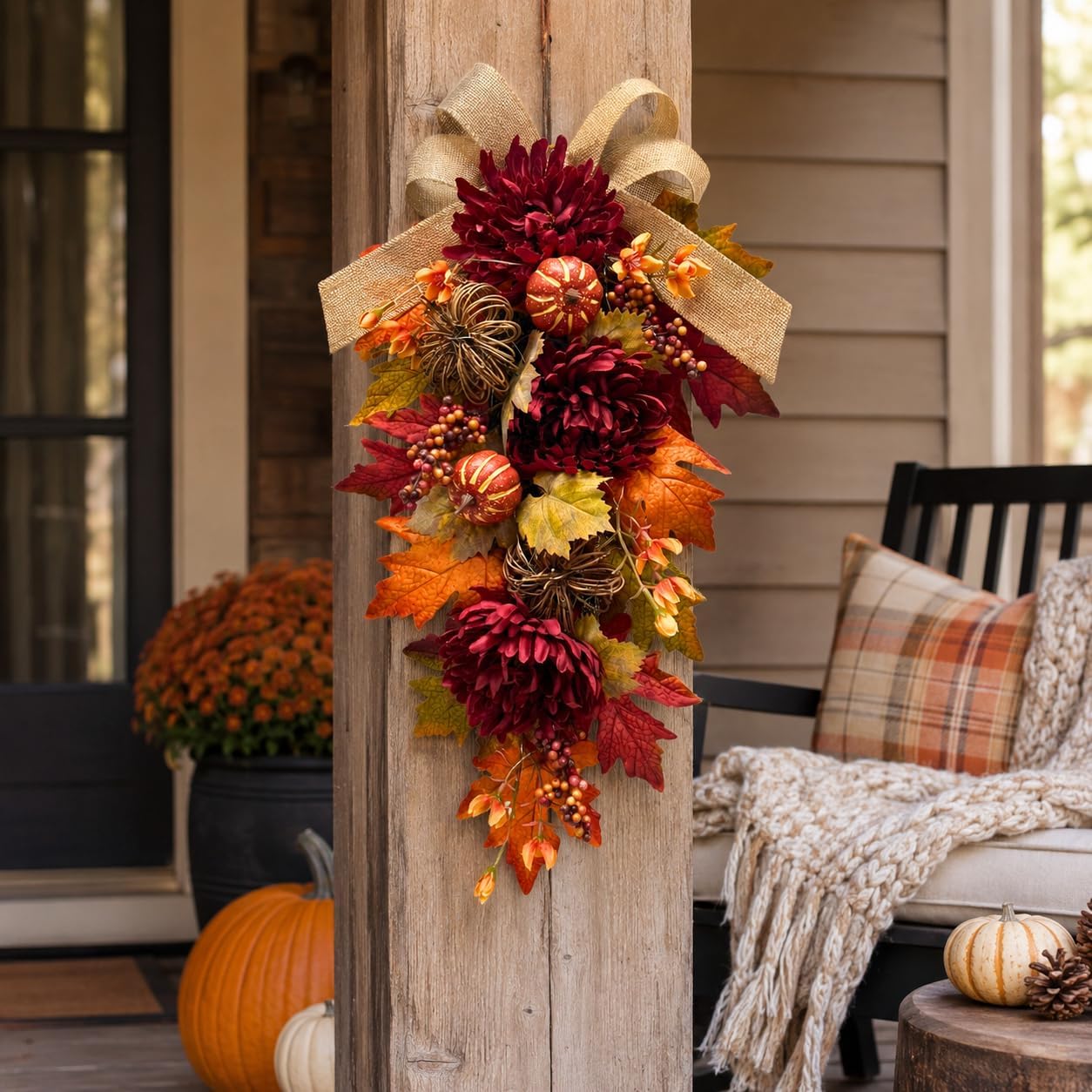 Lighted Burgundy Fall Door Swag placement and seasonal styling view from the Amazon listing