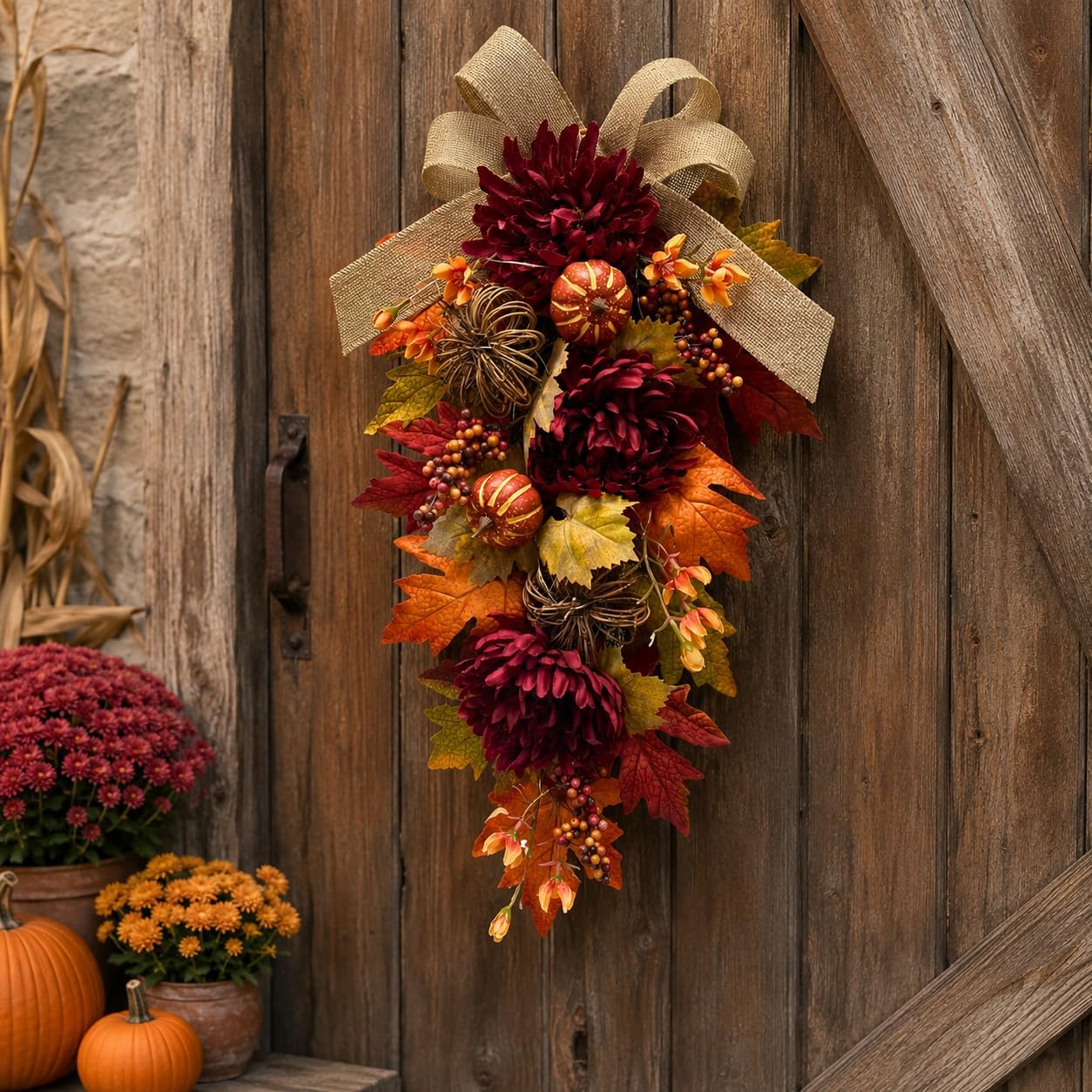 Lighted Burgundy Fall Door Swag final product information view from the Amazon listing