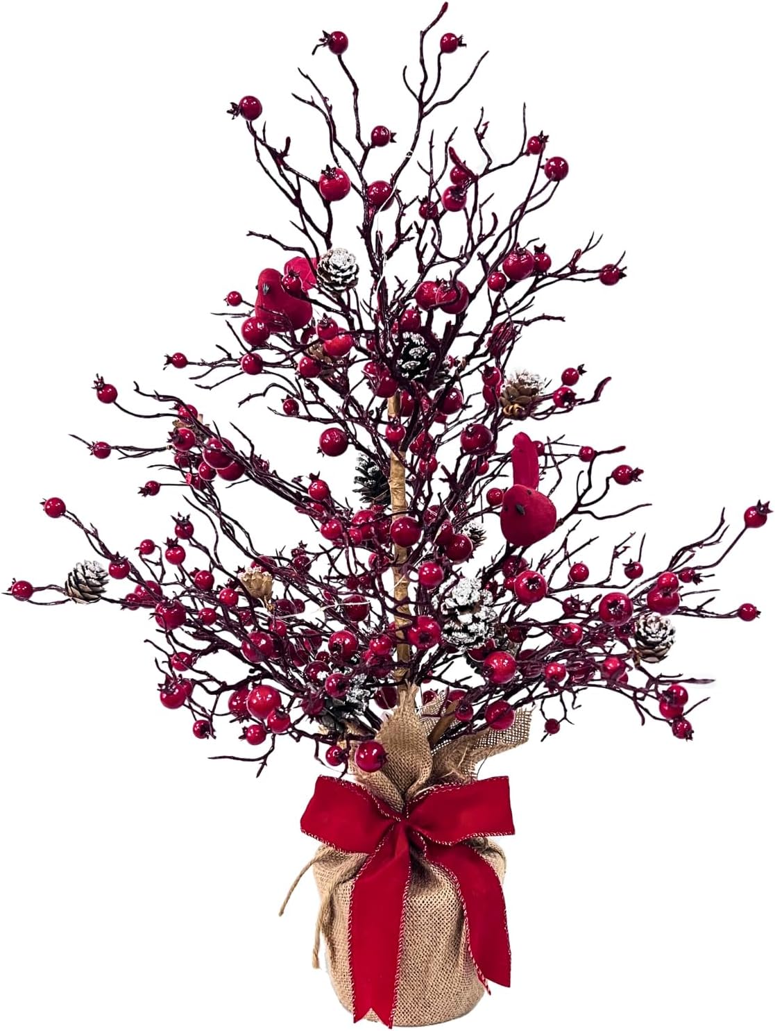 Lighted Christmas Berry Tree with Cardinals, Pinecones and Red Bow, main product view