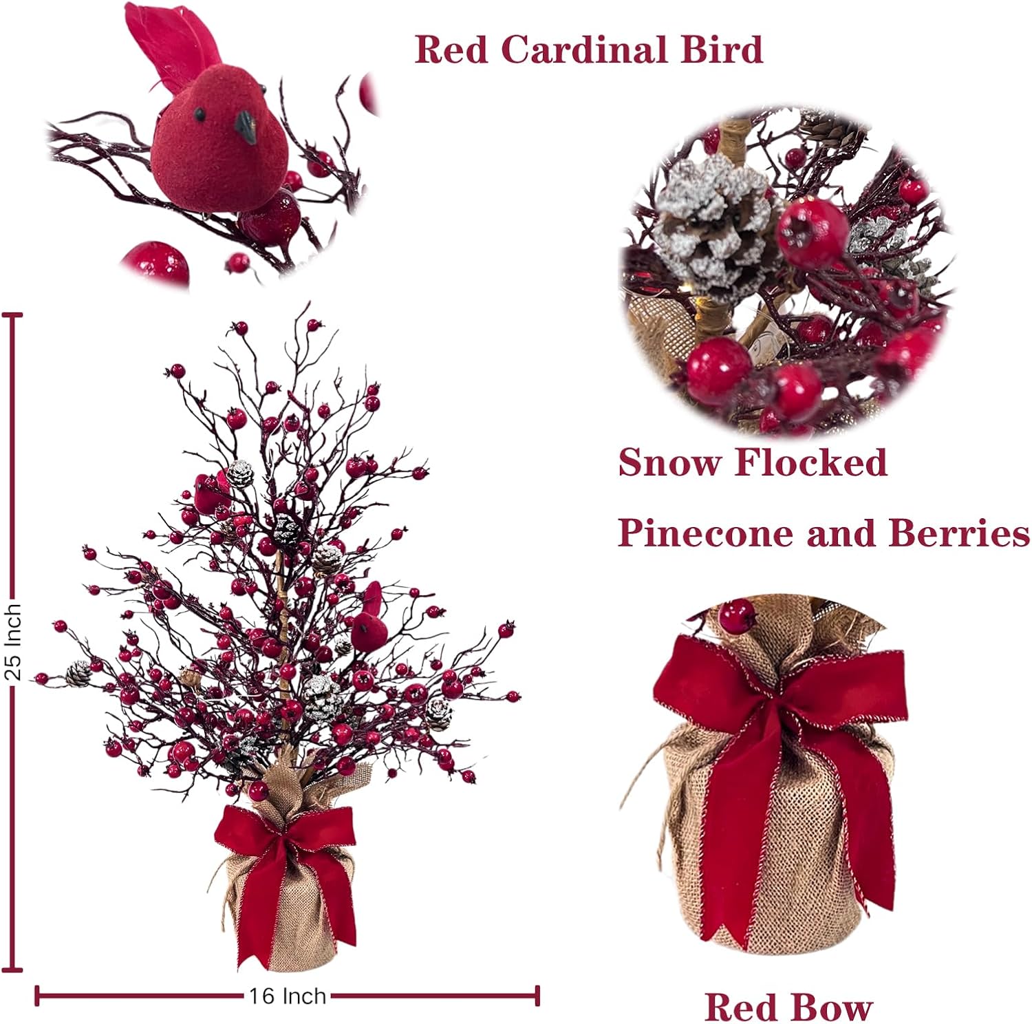 Lighted Christmas Berry Tree with Cardinals, Pinecones and Red Bow, additional listing view 3