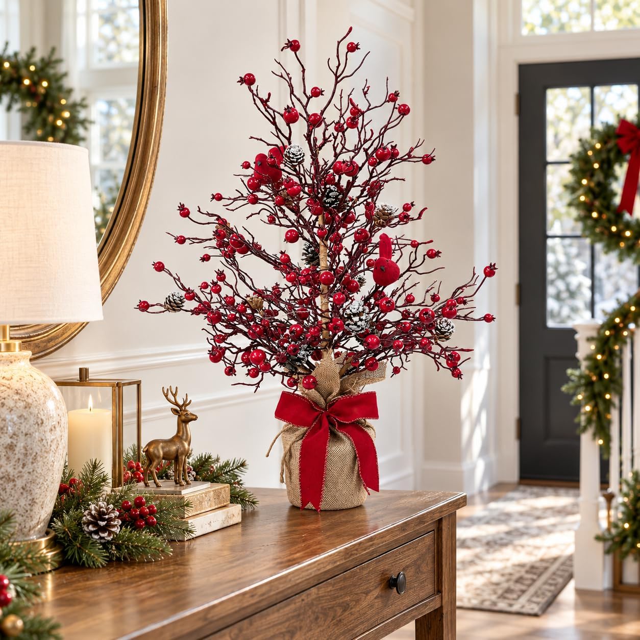 Lighted Christmas Berry Tree with Cardinals, Pinecones and Red Bow, additional listing view 4