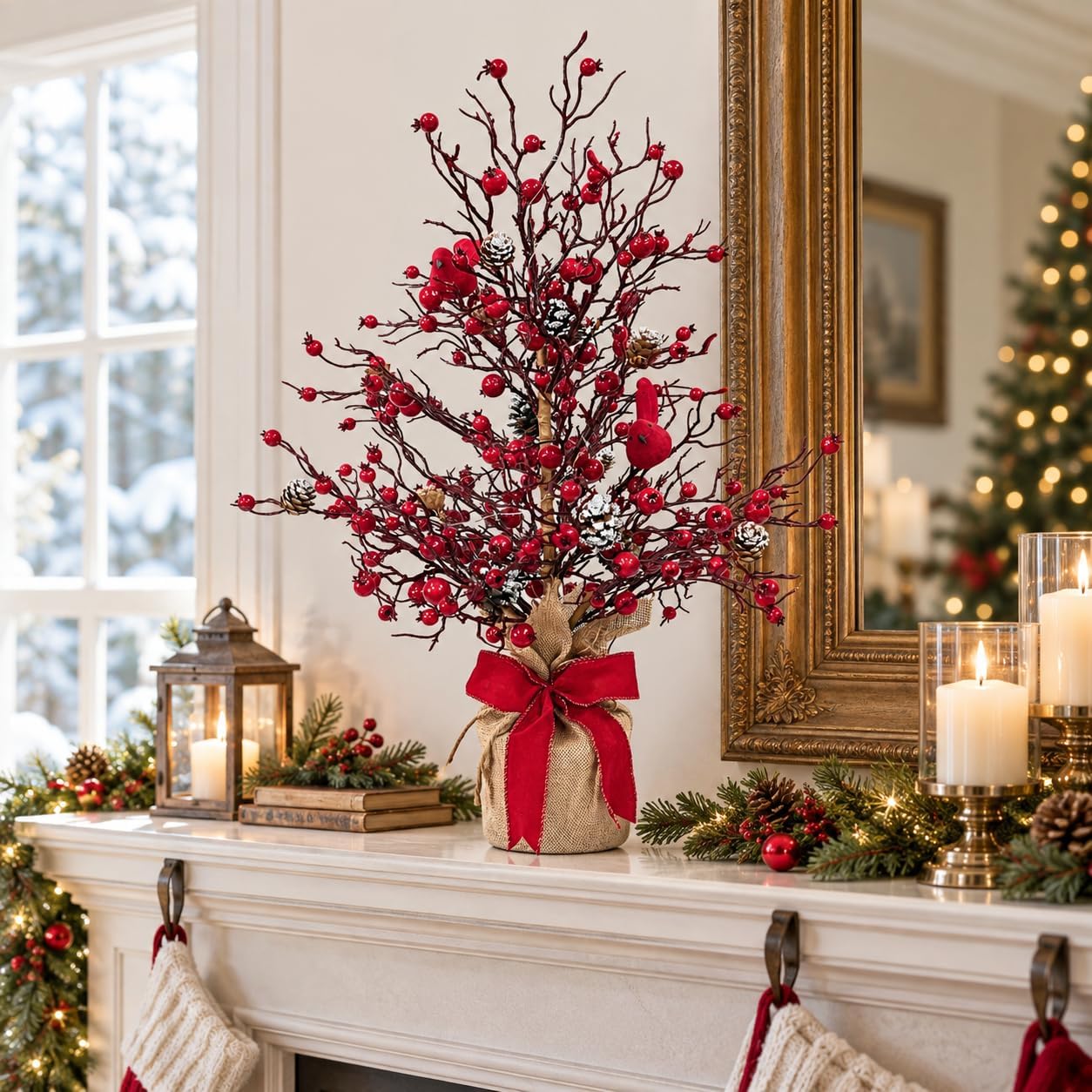 Lighted Christmas Berry Tree with Cardinals, Pinecones and Red Bow, additional listing view 5