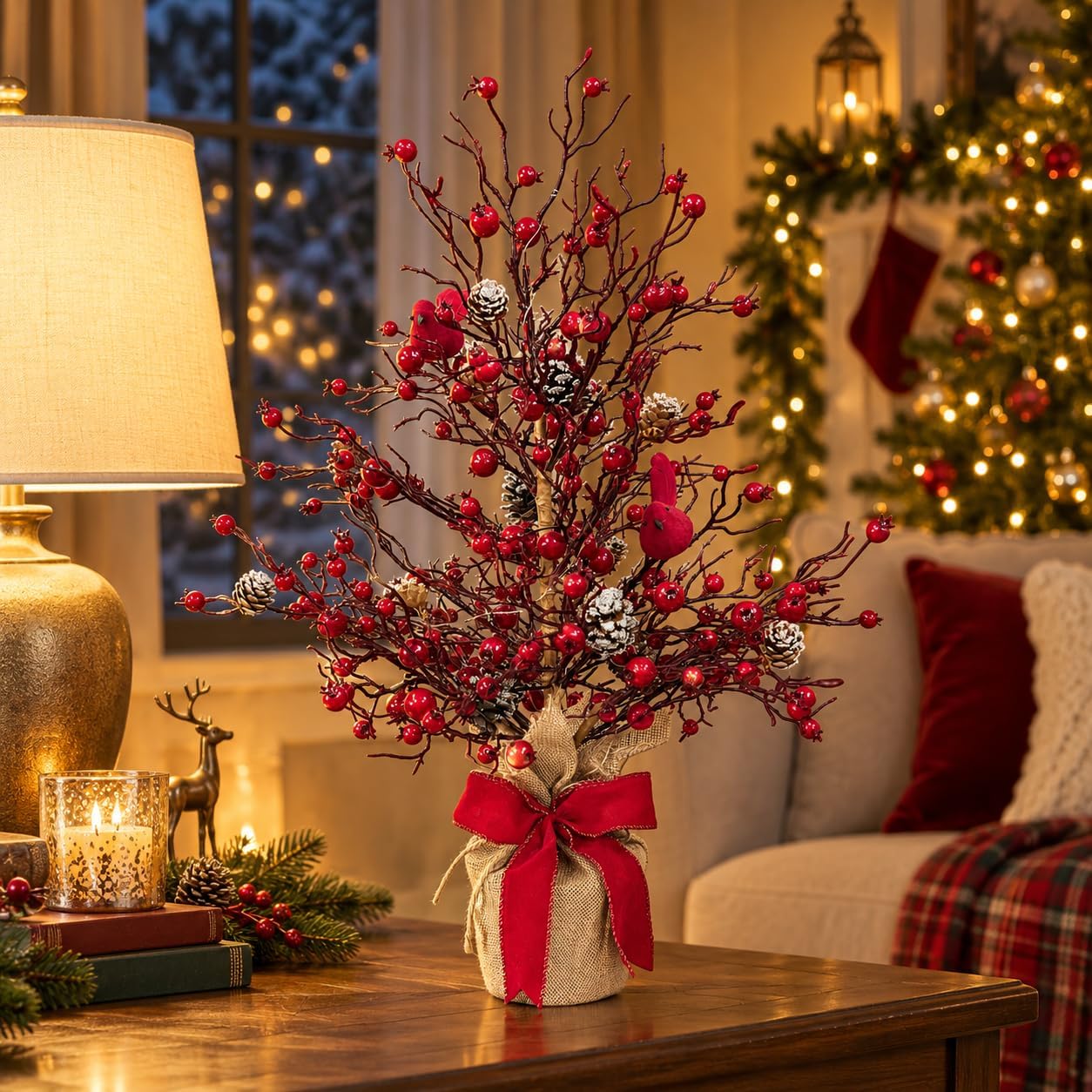 Lighted Christmas Berry Tree with Cardinals, Pinecones and Red Bow, additional listing view 6