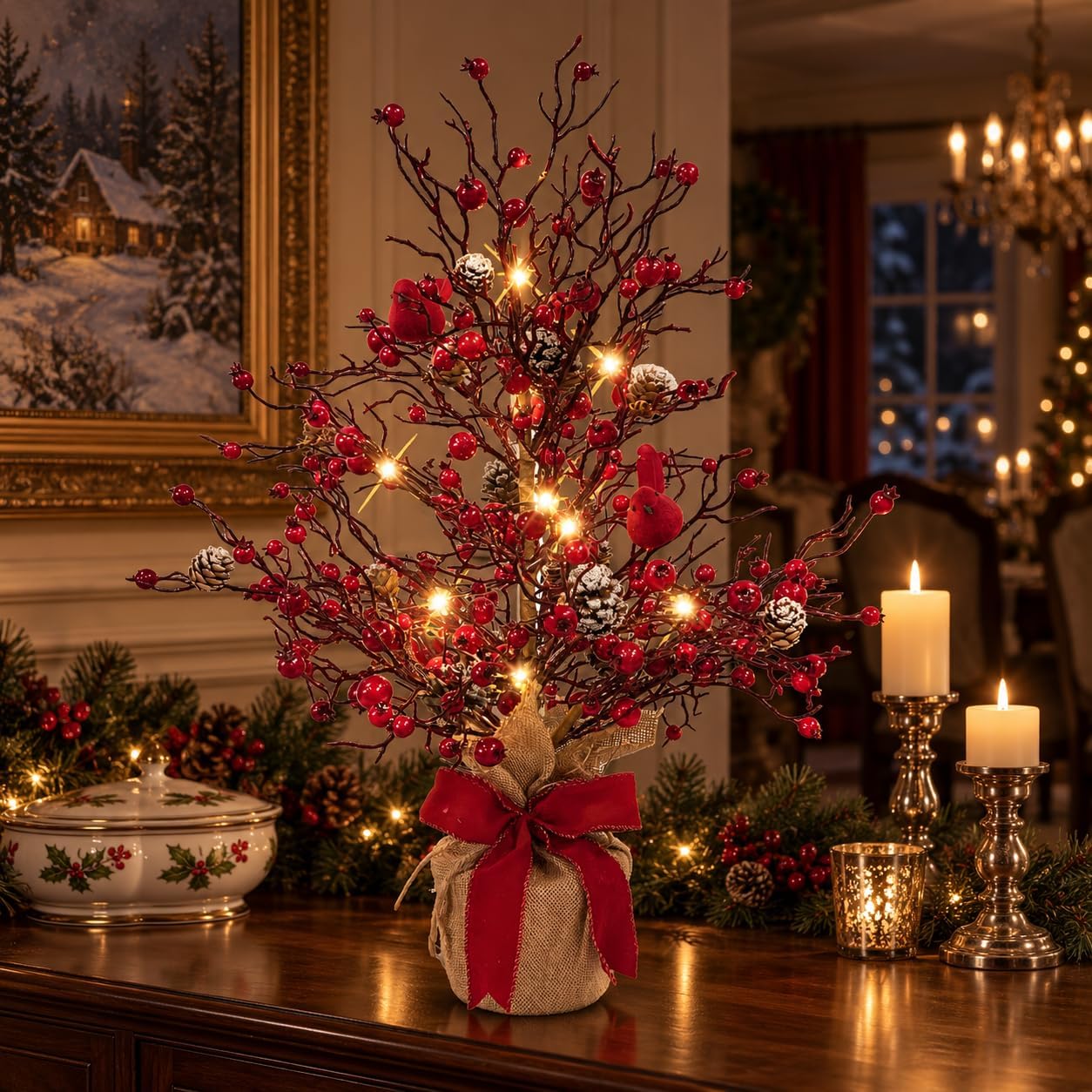 Lighted Christmas Berry Tree with Cardinals, Pinecones and Red Bow, additional listing view 7