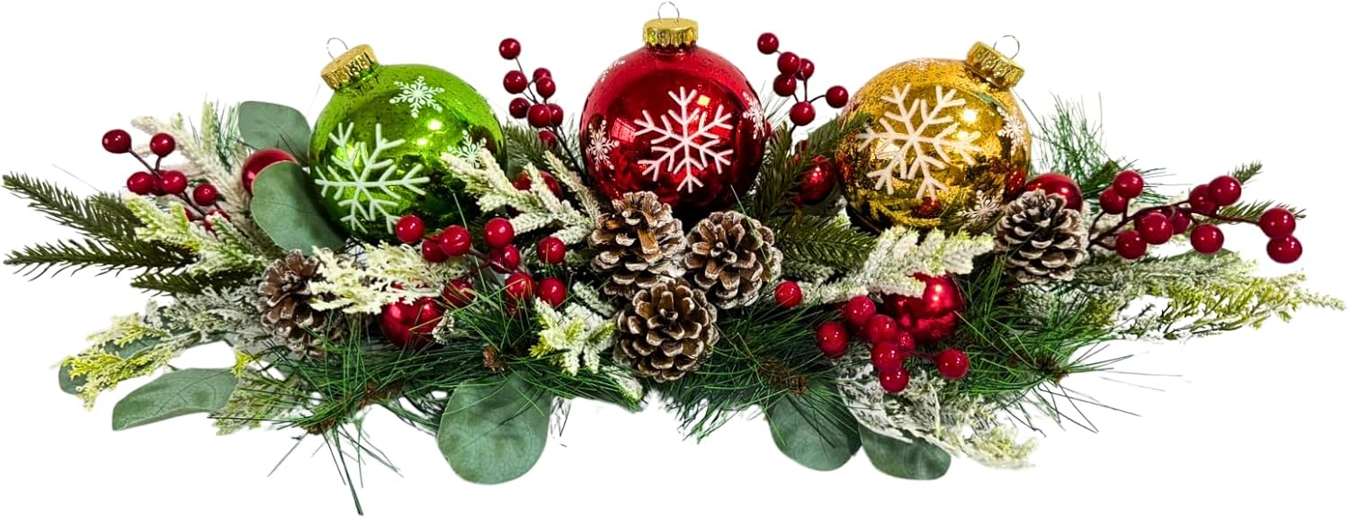 Lighted Christmas Centerpiece with 3 Snowflake Ball Ornaments, main product view