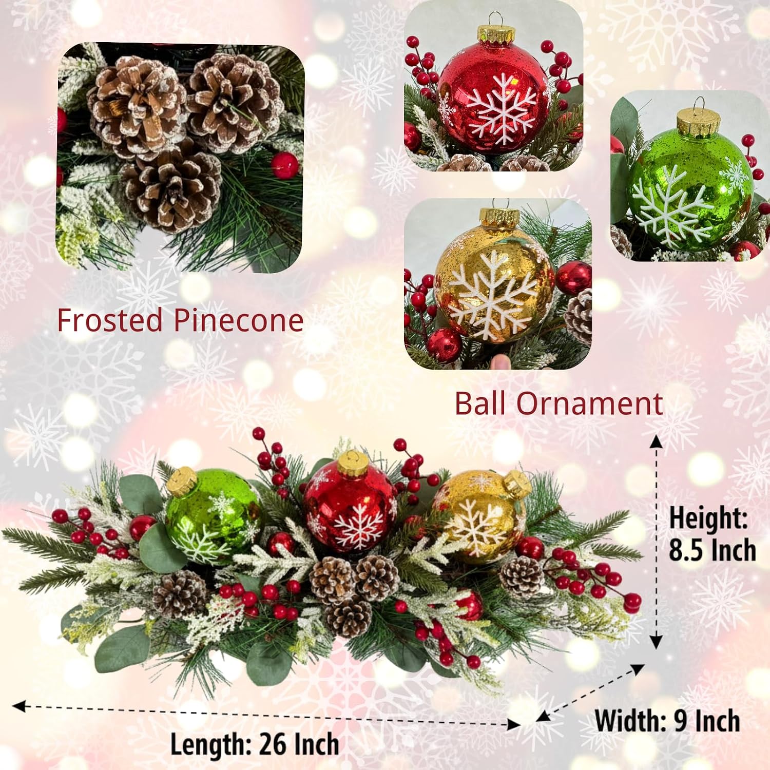 Lighted Christmas Centerpiece with 3 Snowflake Ball Ornaments, additional listing view 3