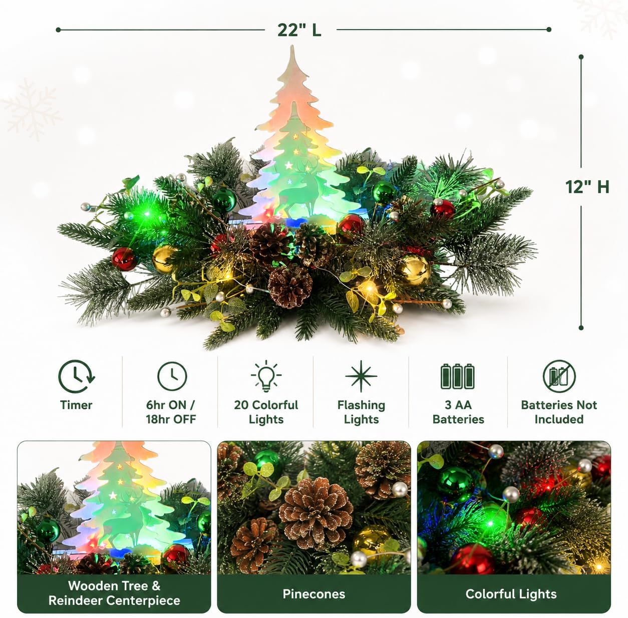 Lighted Christmas Centerpiece with Timer and Wooden Reindeer, additional listing view 3